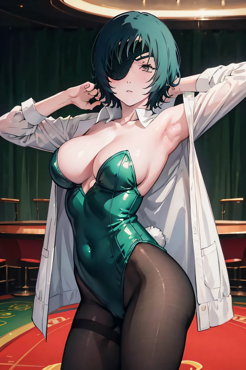 himeno (chainsaw man),1girl,short hair,black hair,rightside eyepatch,green eye,large breasts,eyepatch,at the casino lounge,bunny suit,black pantyhose,nsfw,detailed face,detailed eyes,detailed hand,skined exposed,sexy pose,1 girl,best quality,shy face,back view,4k