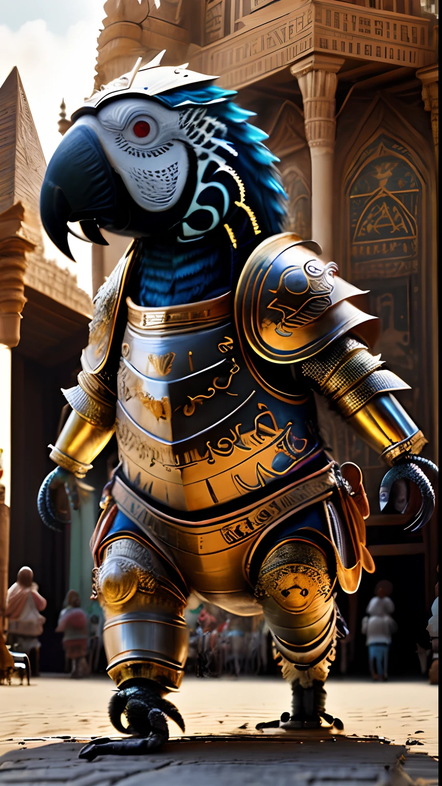 Animalrizz (( parrot )) 10, masterpiece, highres, Absurd,photorealistic portrait, Parley_armature,Egypt,Pyramids, Cute Robot Parrot,In armor ,Wear Parley_armature, Massive futuristic armor, running, move,