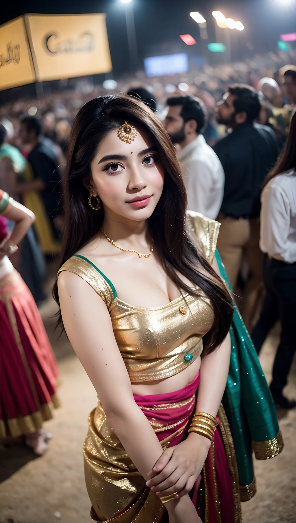 (Best quality, 8k, 32k, Masterpiece, UHD:1.2), (candid Photo:1.2) of Pretty pakistani woman, extremely pale skin,black long highlighted hair,beauty face,(playing garba:1.3), long hair, Candid photo,indian saree, in a (very crowded indian garba festival:1.2),large breasts,(beautiful nipple slip:0.9),night,shiny skin,blurry background, (shot from above:1.3), night, lights, very happening environment