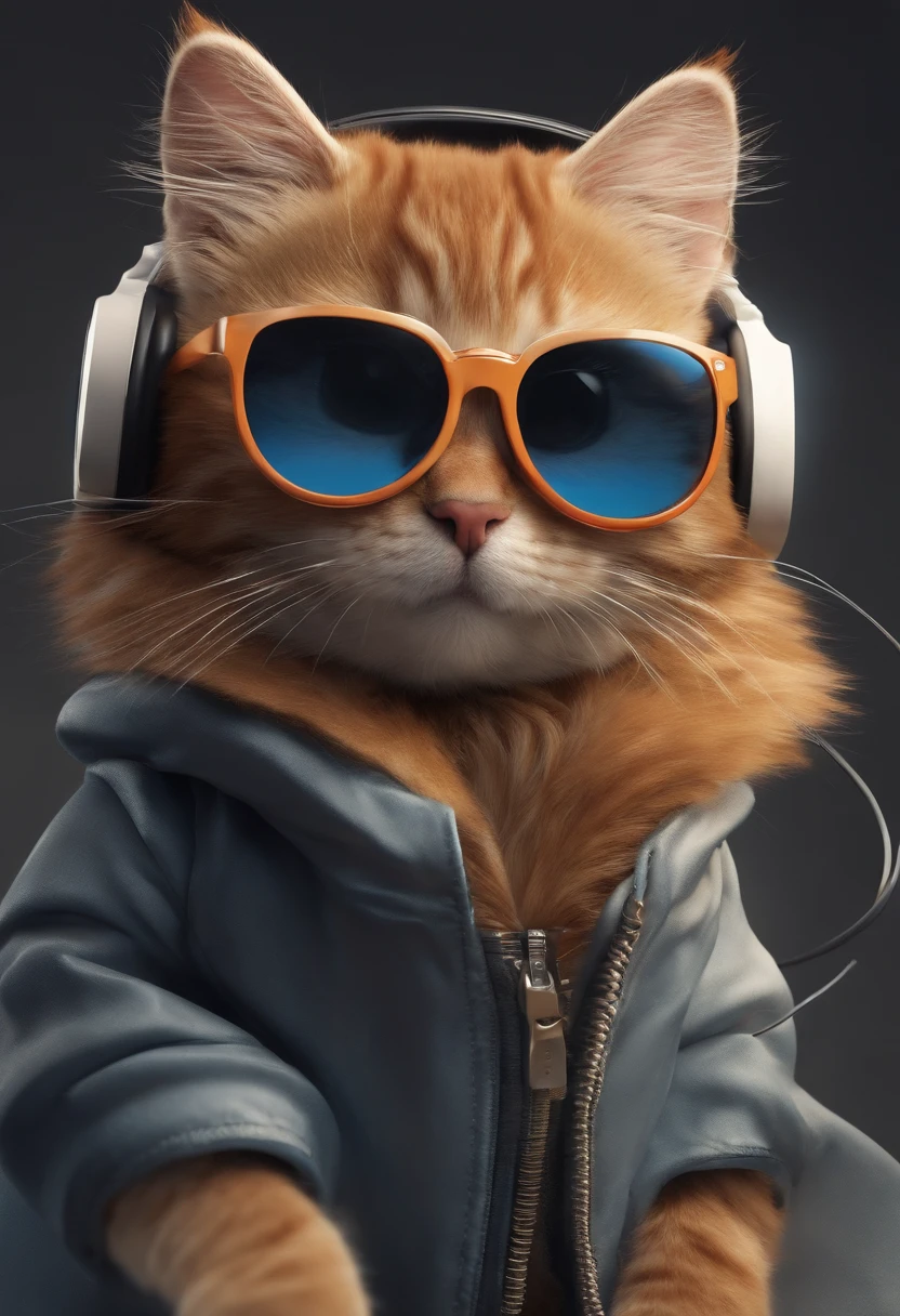 Perfect centering arrangement, Cute cat, Wear a jacket., Wear sunglasses, Wearing headphones, cheerfulness, Standing position, abstract beauty, centered, looking at the camera, facing camera, Approaching perfection, dynamic, high-detail, smooth, crisp focus, 10, no background