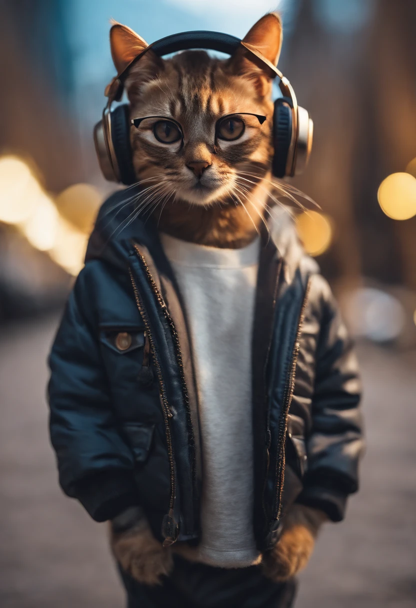 Perfect centering arrangement, Cute little cat, Wear a jacket., Wear sunglasses, Wearing headphones, cheerfulness, Standing position, abstract beauty, centered, looking at the camera, facing camera, Approaching perfection, dynamic, high-detail, smooth, crisp focus, 10, no background