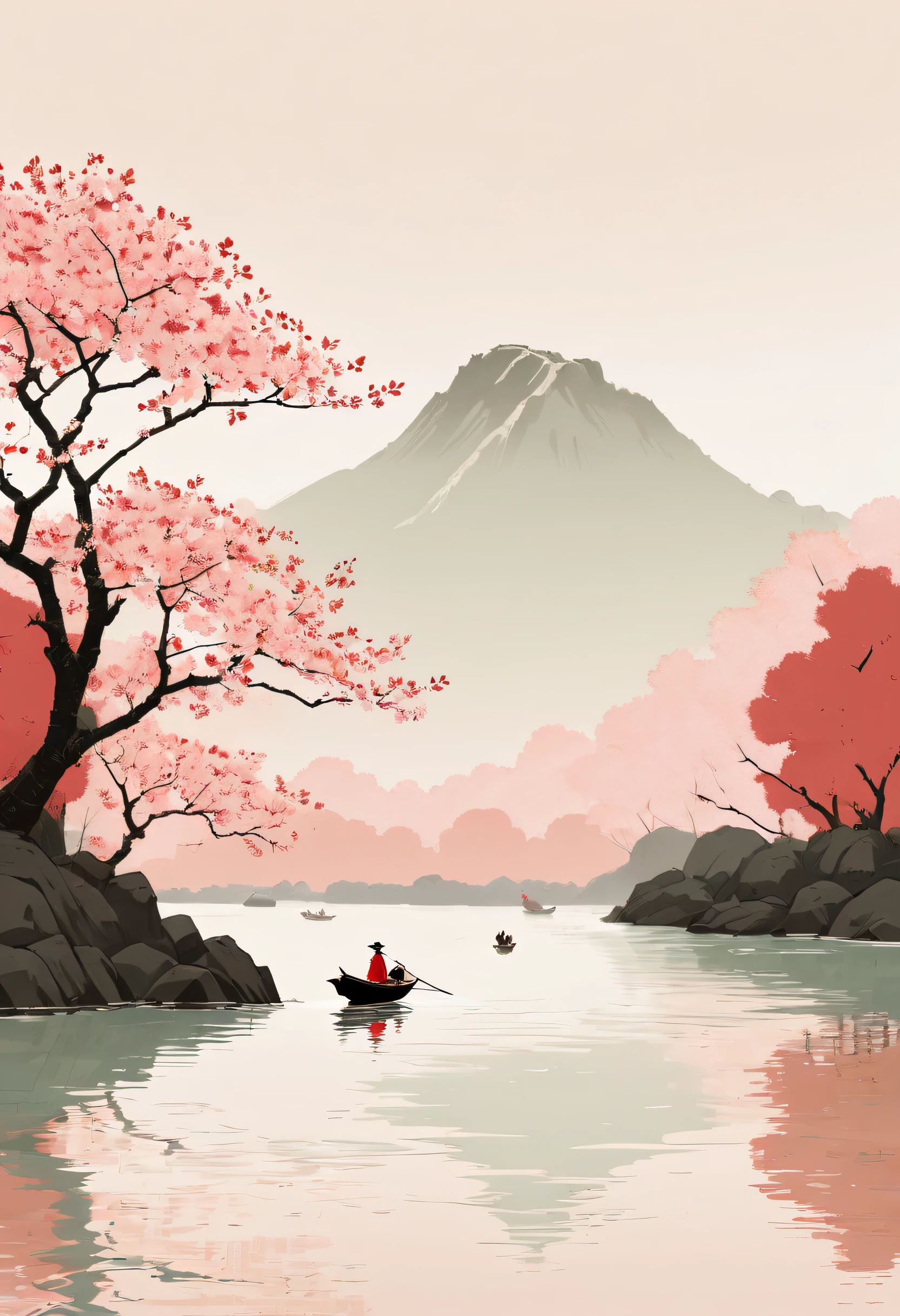 the cover of middhi journey, in the style of alessandro gottardo, cherry blossoms, light red and red, fenghua zhong, calm waters, theodore rousseau, poster art