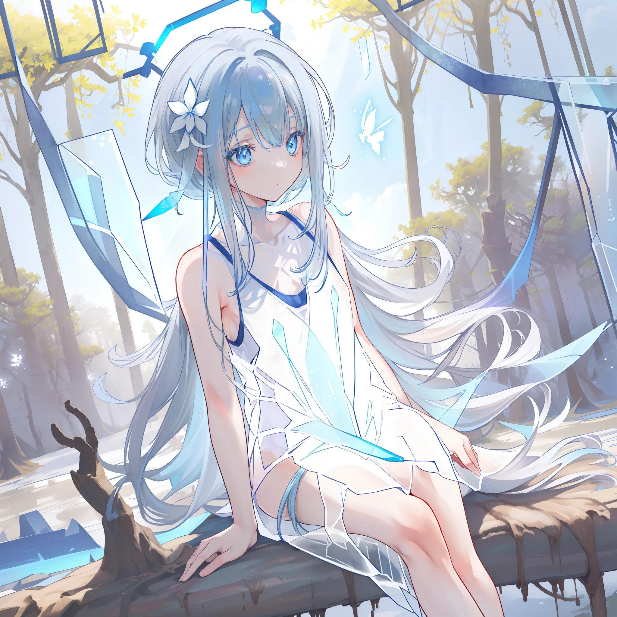 (((A close view: 1.4))) of an anime teen girl, (sitting on (((muddy forest: 1.9))) body covered in (mud: 1.7)), (((half naked))), (barefoot), cinematic light, slim body with curves, skin is perfectly white, soft, and smooth, ((no nsfw)), Extremely delicate and beautiful CG illustration, best quality, high resolution, dynamic angle, full-length lens, (1 girl), floating, soft light, high-key lighting), glowing light, blue halo, feathers fluttering background, blue crystal, ((((wearing nothing but a white (transparent) tank top: 1.5))))