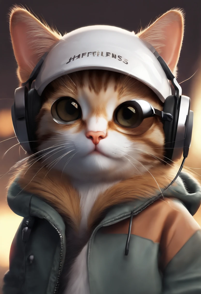 Perfect centering arrangement, Cute little cat, Wear a jacket., Wear sunglasses, Wearing headphones, cheerfulness, Standing position, abstract beauty, centered, looking at the camera, facing camera, Approaching perfection, dynamic, high-detail, smooth, crisp focus, 10, Black background ,Haftone
