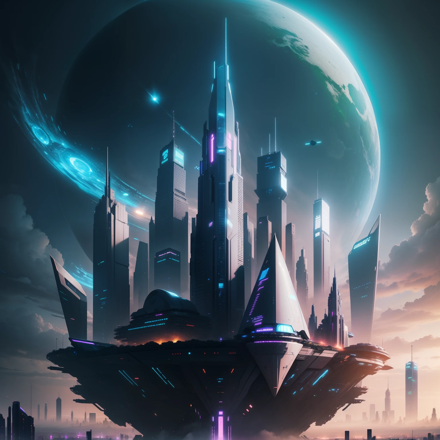 cyberpunked　Future landscape　planet earth　Skyscrapers　Megacities　ＳＦart by　futuristic cities　top-quality　​masterpiece　超A high resolution　dream