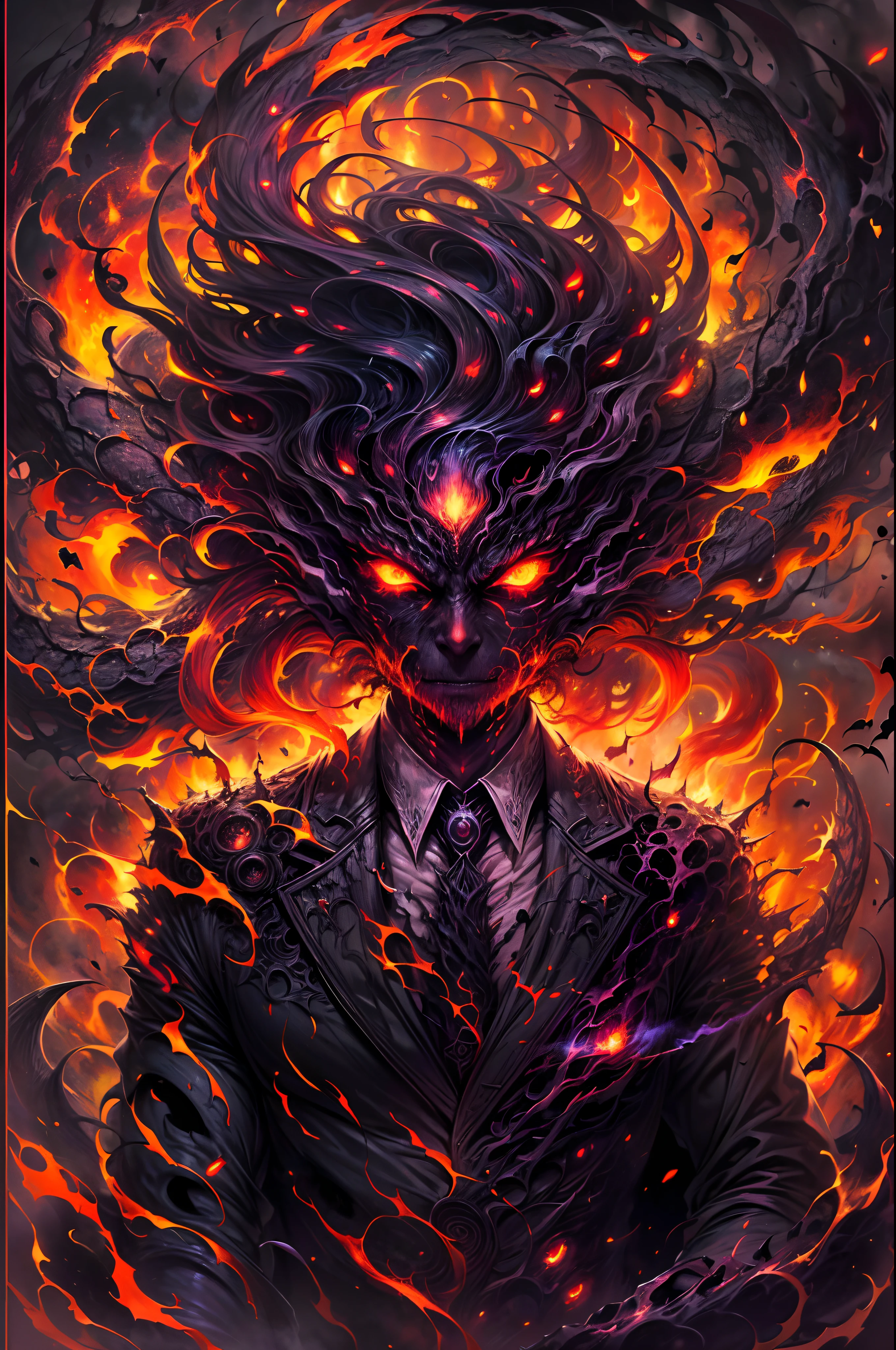 (glowing eyes, intense flames, smoke, dark and fiery background), (oil painting, highres), (ominous atmosphere, intense heat), (sinister expression, powerful stance), (demonic aura, chaotic energy), (hellish colors, fiery red and orange), (dramatic lighting, shadows and highlights), (fine details, intricate textures), (mythical creature, supernatural), (surreal and captivating), (epic and terrifying), (nightmarish and awe-inspiring), (bold and dynamic), (magical realism), (sinister beauty), (descent into darkness).