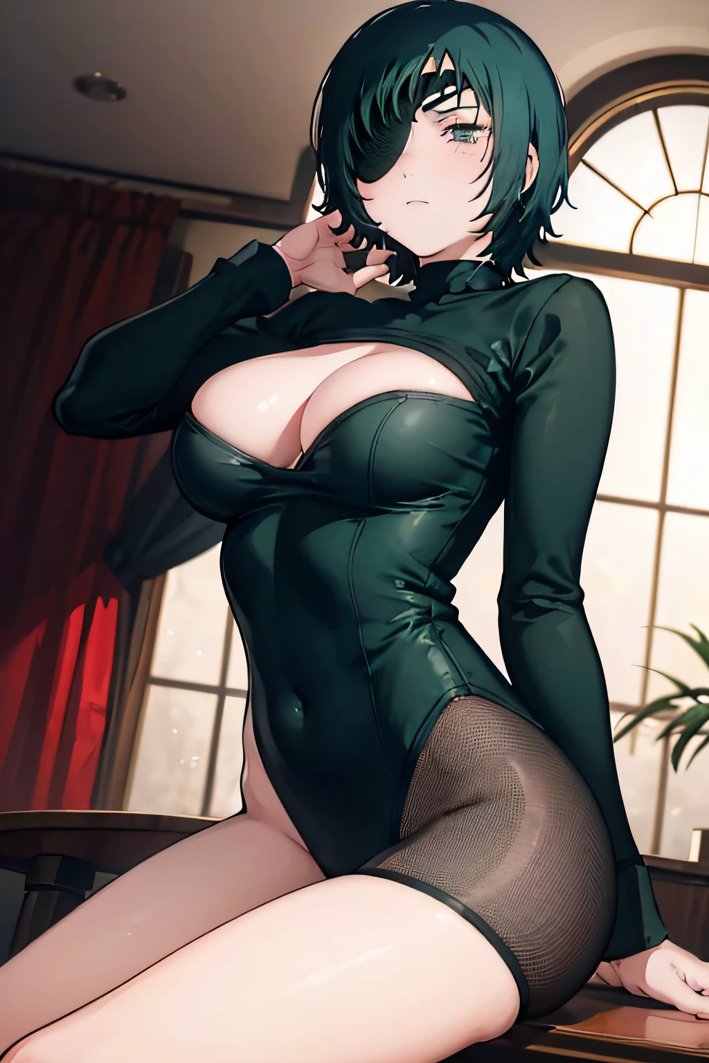 himeno (chainsaw man),1girl,short hair,black hair,black pirate eyepatch,green eye,large breasts,eyepatch,at the casino lounge,bunny suit,black pantyhose,nsfw,detailed eyes,skined exposed,sexy pose,1 girl,best quality,shy face,back view,4k