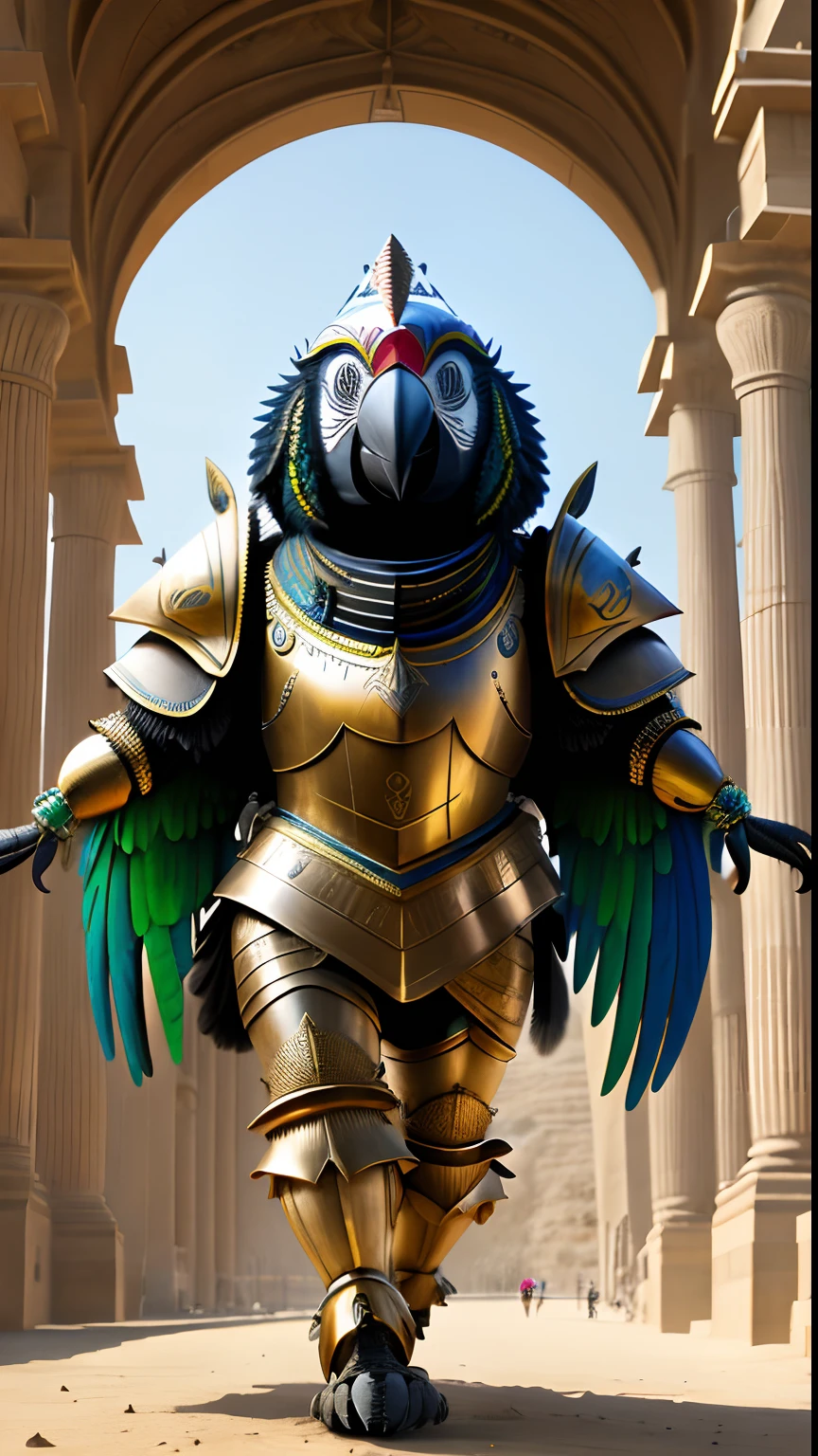 Animalrizz (( parrot )) 10, masterpiece, highres, Absurd,photorealistic portrait, Parley_armature,Egypt,Pyramids, Cute Robot Sphinx,In armor ,Wear Parley_armature, Massive futuristic armor, running, move,