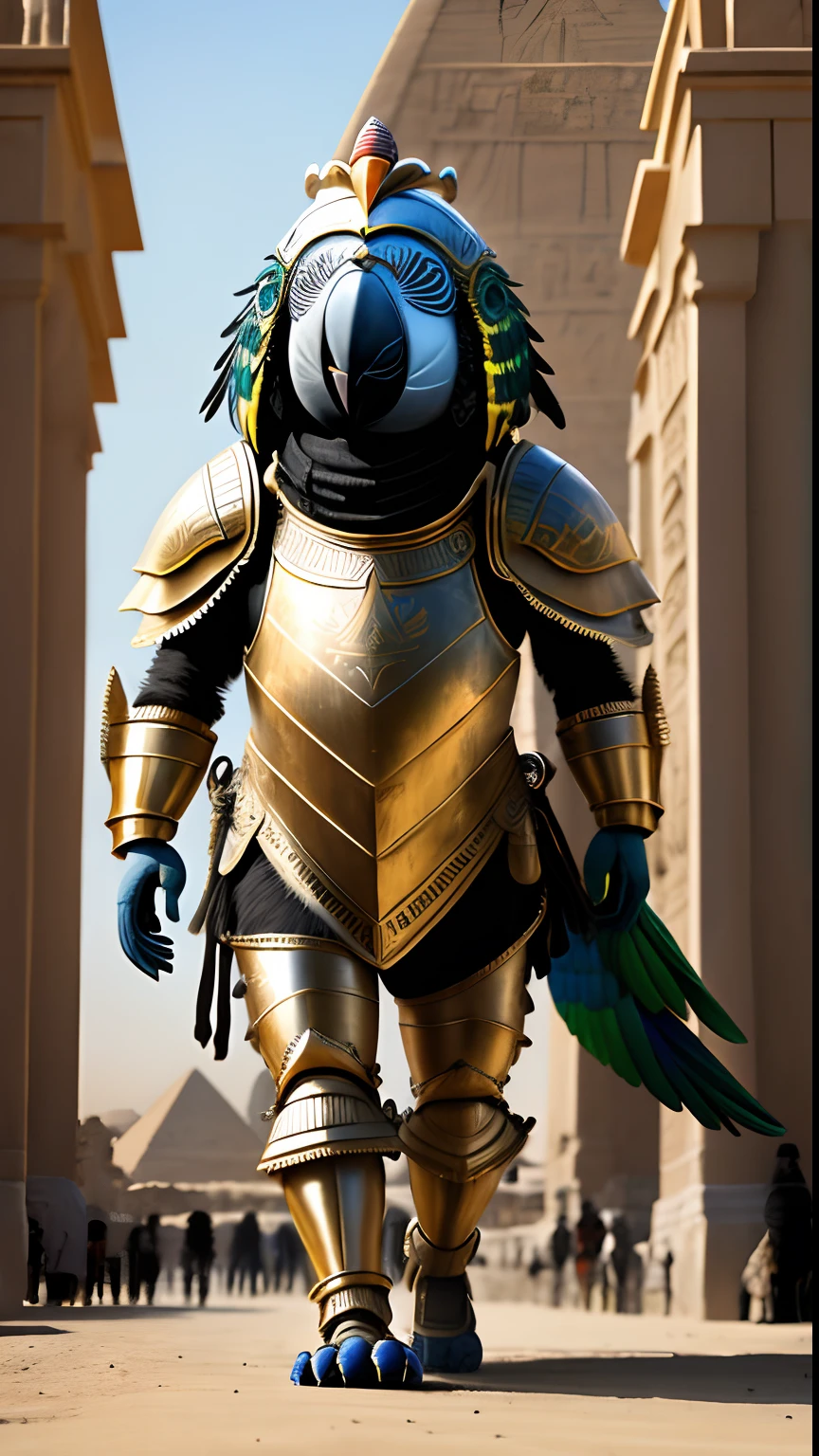 Animalrizz (( parrot )) 10, masterpiece, highres, Absurd,photorealistic portrait, Parley_armature,Egypt,Pyramids, Cute Robot Sphinx,In armor ,Wear Parley_armature, Massive futuristic armor, running, move,