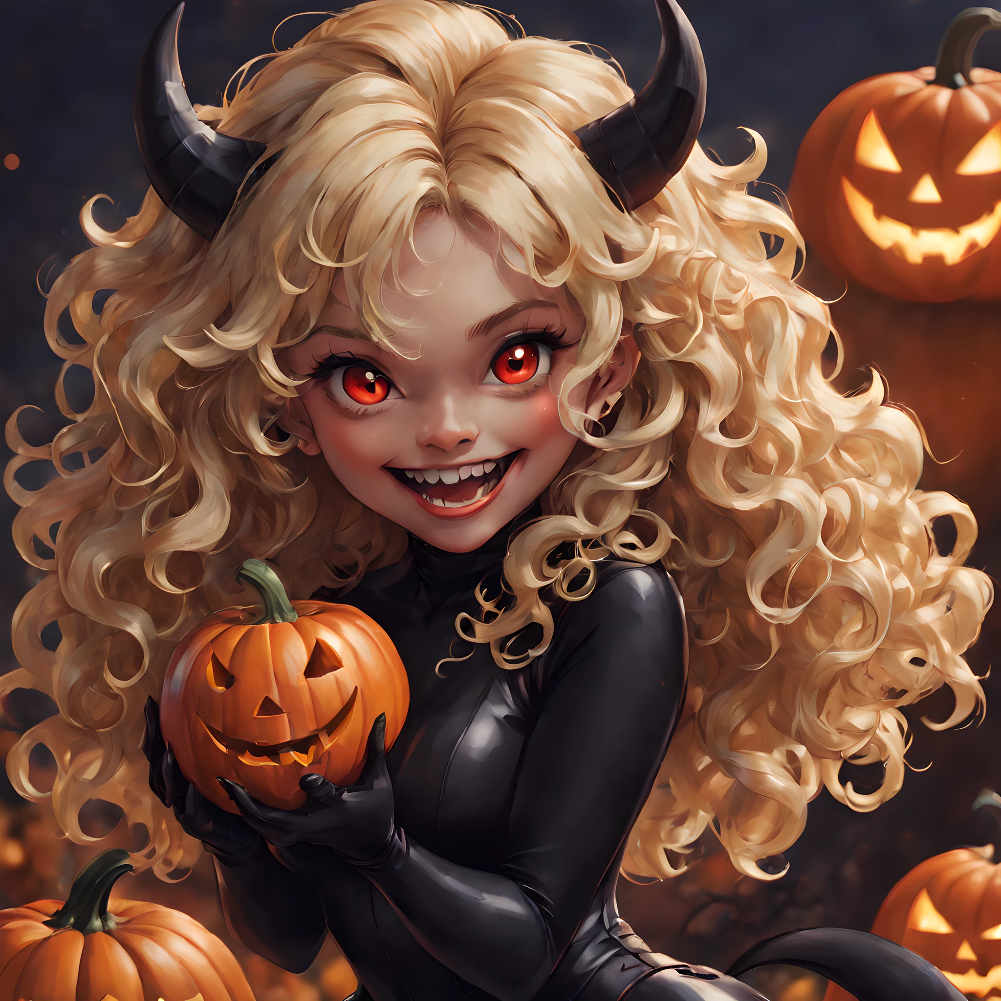 Devil, black devil, cute devil, anime illustration, ultra detailed, hyper sharp image, fangs. blonde wavy curly long hair, wearing rubber costume, halloween festival, jack o'lantern, ghost, happy smile, cute smile, red eyes, dark skin, eating pumpkin,