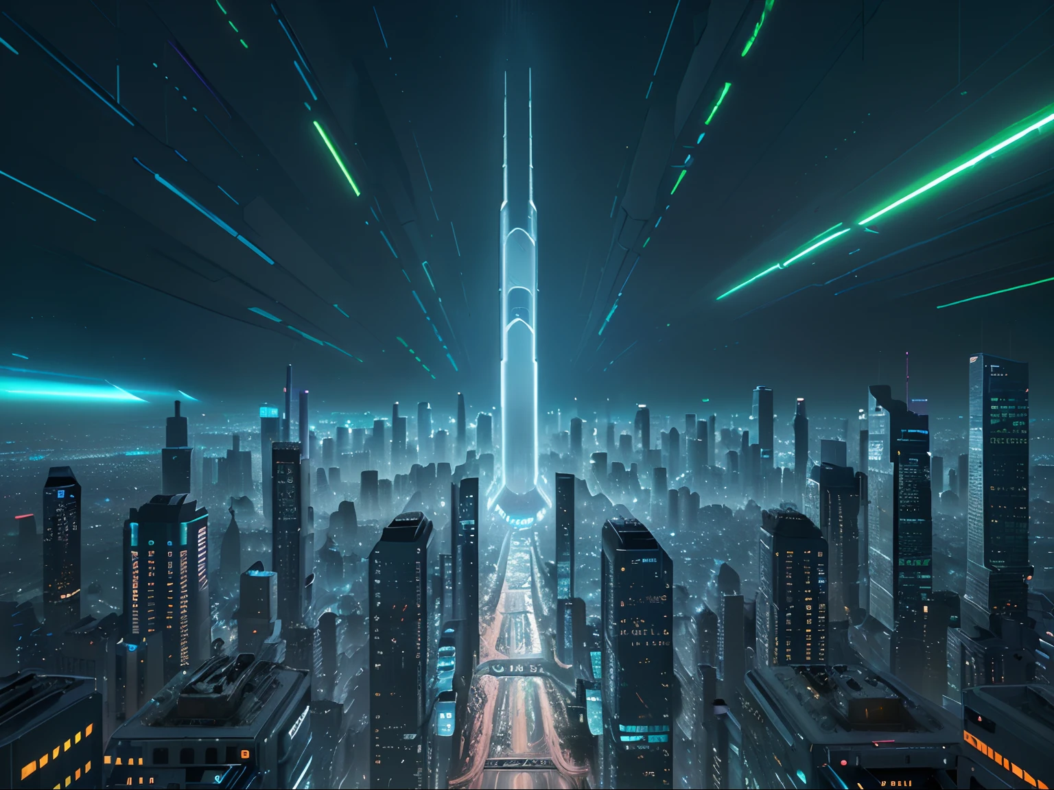 A visually stunning futuristic cityscape bursts with high-tech details amid a backdrop of advanced technology and science fiction themes. The image, a digital painting, showcases towering skyscrapers adorned with holographic advertisements and sleek, aerodynamic vehicles zipping through elevated highways. The buildings gleam with a polished, metallic sheen, while neon lights illuminate the bustling streets below. This incredibly detailed and intricately designed image captures the essence of a futuristic world, immersing viewers in a stunning vision of technological advancement and innovation.