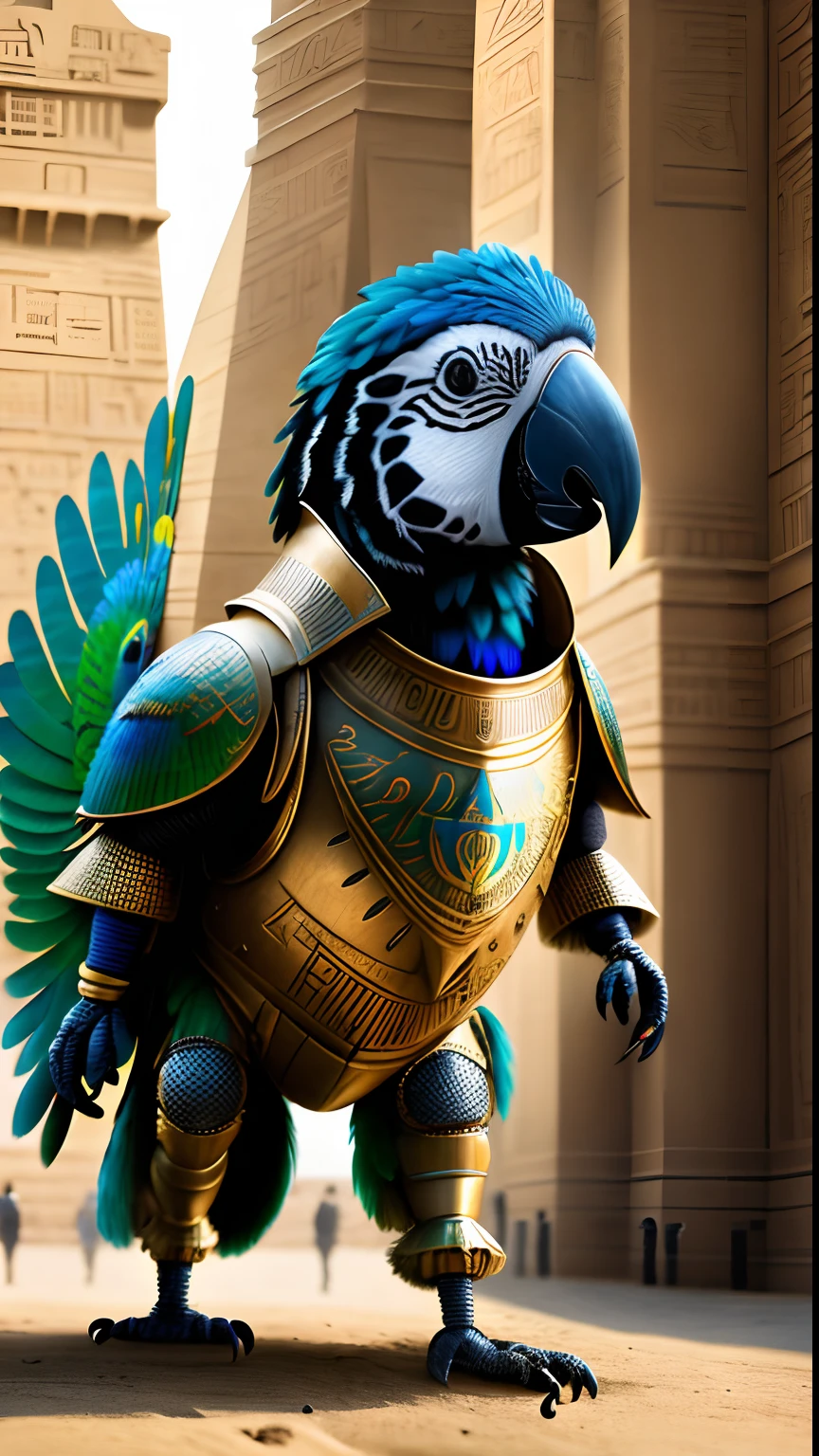 Animalrizz   (( parrot )) 10, masterpiece, highres, Absurd,photorealistic portrait, Parley_armature,Egypt,Pyramids, Cute Robot Sphinx,In armor ,Wear Parley_armature, Massive futuristic armor, running, move,