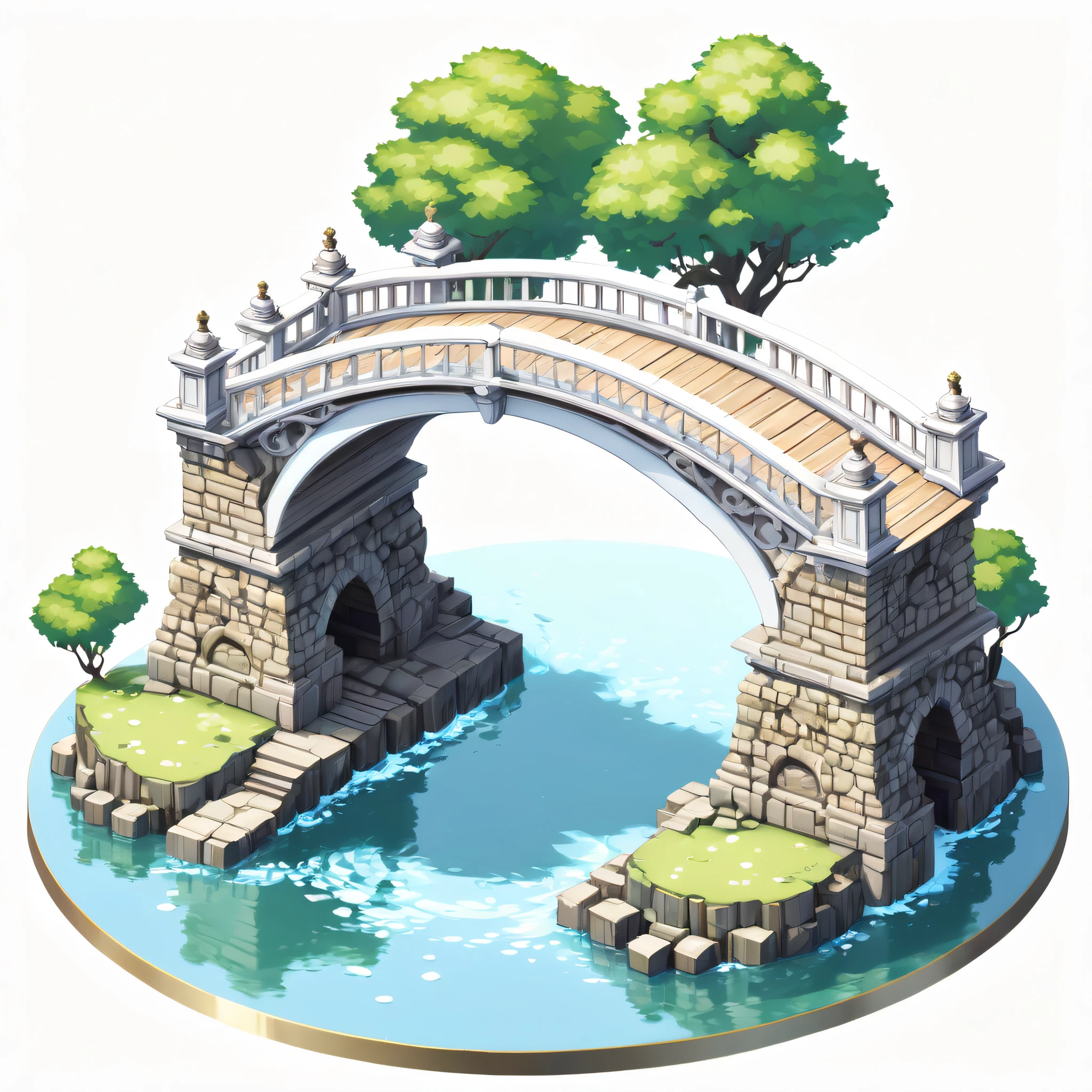 Bit isometric anime, Antique decorative bridge, Game scene graph, Pure white background