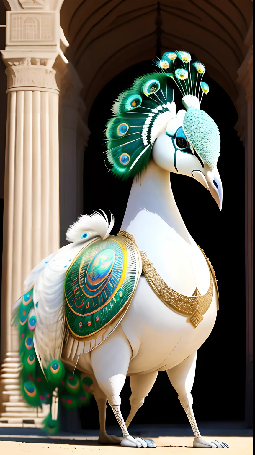 Animalrizz (( White peacock )) 10, masterpiece, highres, Absurd,photorealistic portrait, Parley_armature,Egypt,Pyramids, Sphinx Robot,In armor ,Wear Parley_armature, Massive futuristic armor, running, move,