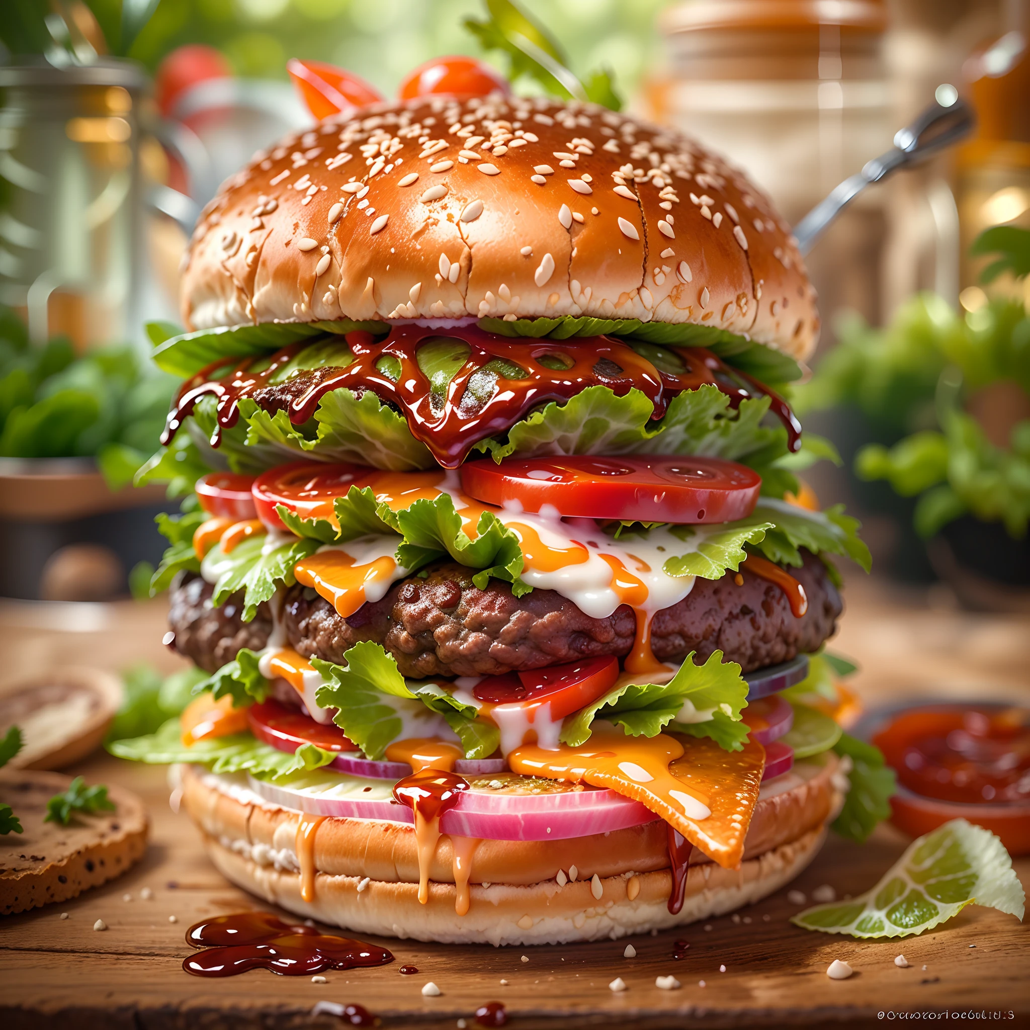 Best quality, 超高分辨率, (Photorealistic:1.4), Ultra-detailed,Incredibly detailed, The is very detailed,Humboldt,(1 delicious beef burger photo),ketchup,mayonnaise,lettuce,Many red peppers,Flame above the burger:1.37