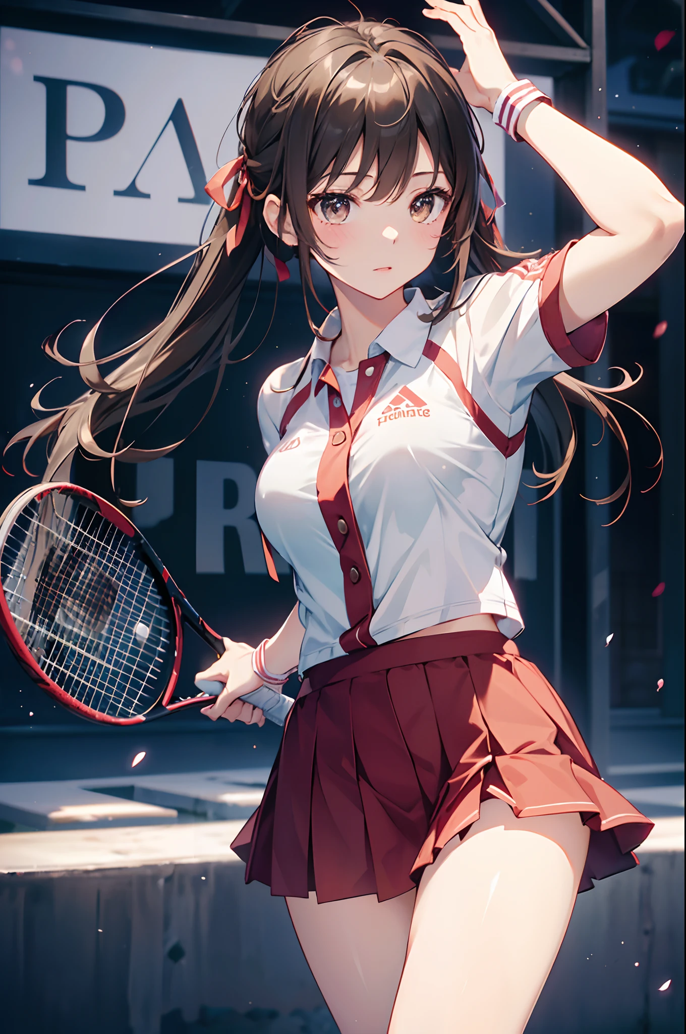 Official art, Unity 8k Wallpapers, ultra-detailliert, masterpiece, top-quality, 1人の女性, (ighly detailed),(Raw photography、top-quality)、(realisitic、Photorealsitic:1.3)、high-detail、Ultra-detailed complex 3D rendering of faces、(highlydetailed skin:1.2)、dynamic ungle, Fireglow effect, profetional lighting, side lights, ciinematic light, 超A high resolution, 8K , film grains,Best Shadows, Particles of light, detailed skin textures, A detailed face, intricate-detail, ultra-detailliert, with light glowing, (Dynamic Poses:1.4)、Full body, tennis coat、beauitful face、blurry backround、18 year old beautiful girl、shinny skin、Twin-tailed、beautiful brown hair、Gray eyes、Tie your hair with a big red ribbon、(Tennis Uniforms、Holding a racket in your right hand:1.3)、raise arms、White panties are visible、Smile with open mouth、(Beautiful belly button、Skirt Roll Up)