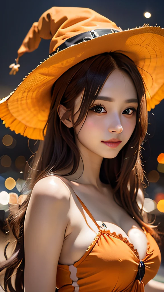 1 beautiful young girl, Super beautiful detailed face, shyly smile, (Beautiful small breasts), witch outfit:1.37, Orange ruffled mini skirt, witch's hat, Semi-long hair, (Fine face:1.2), High quality, Realistic, extremely detailed CG unified 8k wallpaper, Highly detailed, High-definition raw color photos, Professional Photography, Realistic portrait, Cinematic Light, Beautiful detailed, Super Detail, high details, Art Book, (((Bokeh))), depth of fields, illumination, Neon Street, Super stylish lighting, halloween night, Place the pumpkin on the palm of your hand, Pumpkin Lantern:1.3, Hide you with a pumpkin