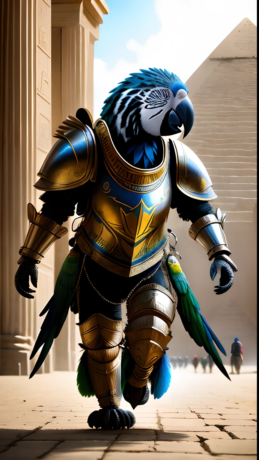Animalrizz (( parrot )) 10, masterpiece, highres, Absurd,photorealistic portrait, Parley_armature,Egypt,Pyramids, Cute Robot Tiger,In armor ,Wear Parley_armature, Massive futuristic armor, running, move,