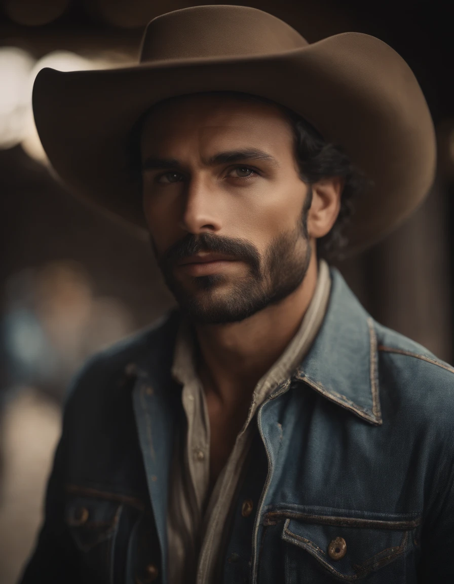 Cinematic portrait, ((Upper body)), Facing the audience, (reality :1.3), most beautiful artwork photo in the world, A man looks at the camera, Vintage denim outfits, Western cowboy, Detailed beautiful face, action shot, (Intricate :1.4), Western background, photograph realistic, In the daytime, CG, art stand