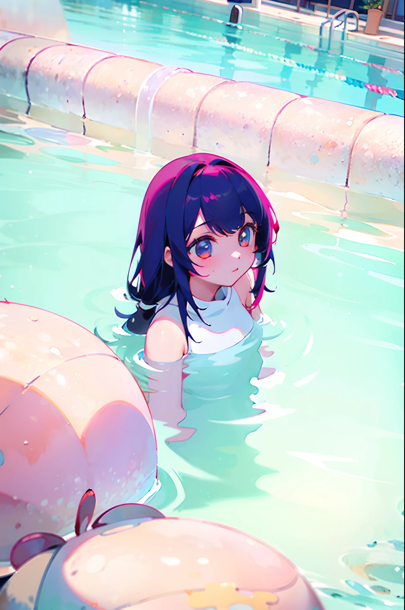 top-quality、masterpiece、8K、hi-school girl、under the water、polka dots、foam、pink there、reddish、Colorful light reflection、knifes、swim wears、cute little、arknights、bunny rabbit