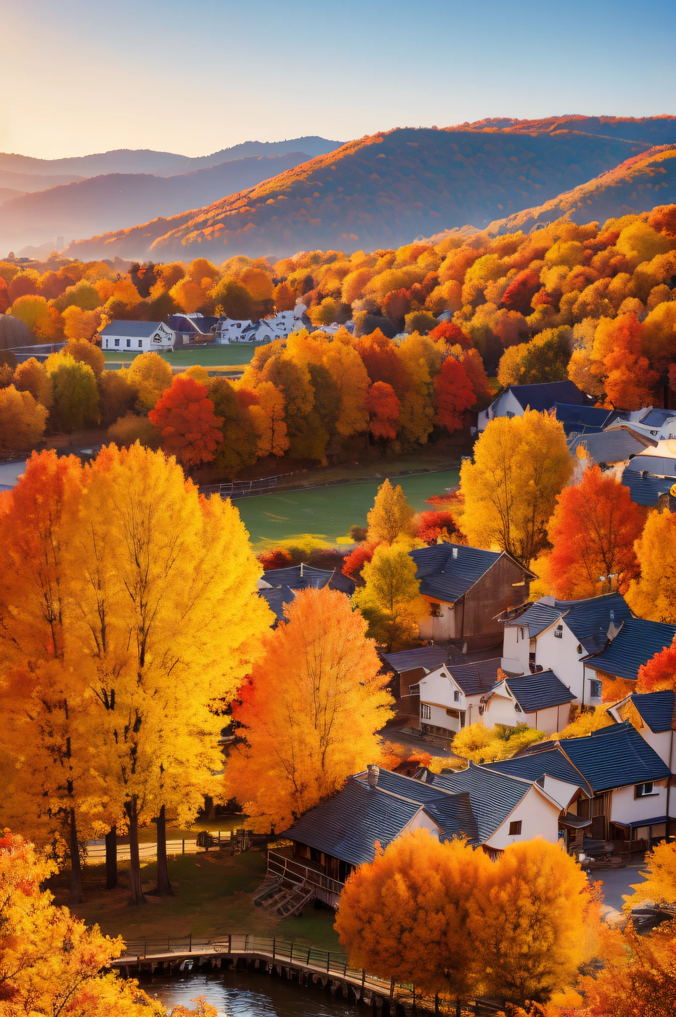 Beautiful view in autumn，Peaceful and peaceful village