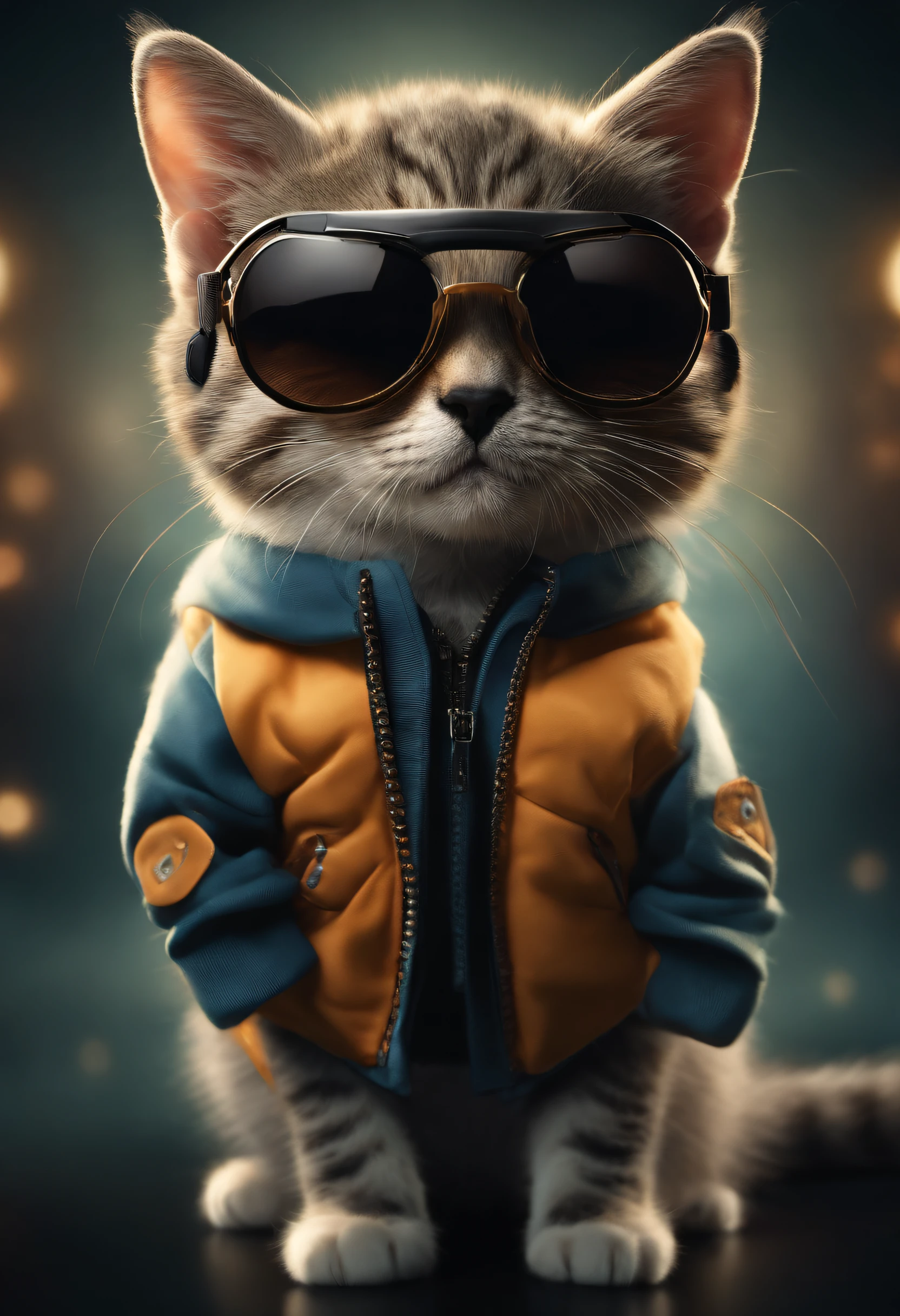 Perfect centering arrangement, Cute cat, Wear a jacket., Wear sunglasses, Wearing headphones, cheerfulness, Standing position, abstract beauty, centered, looking at the camera, facing camera, Approaching perfection, dynamic, high-detail, smooth, crisp focus, 10, Deep black background