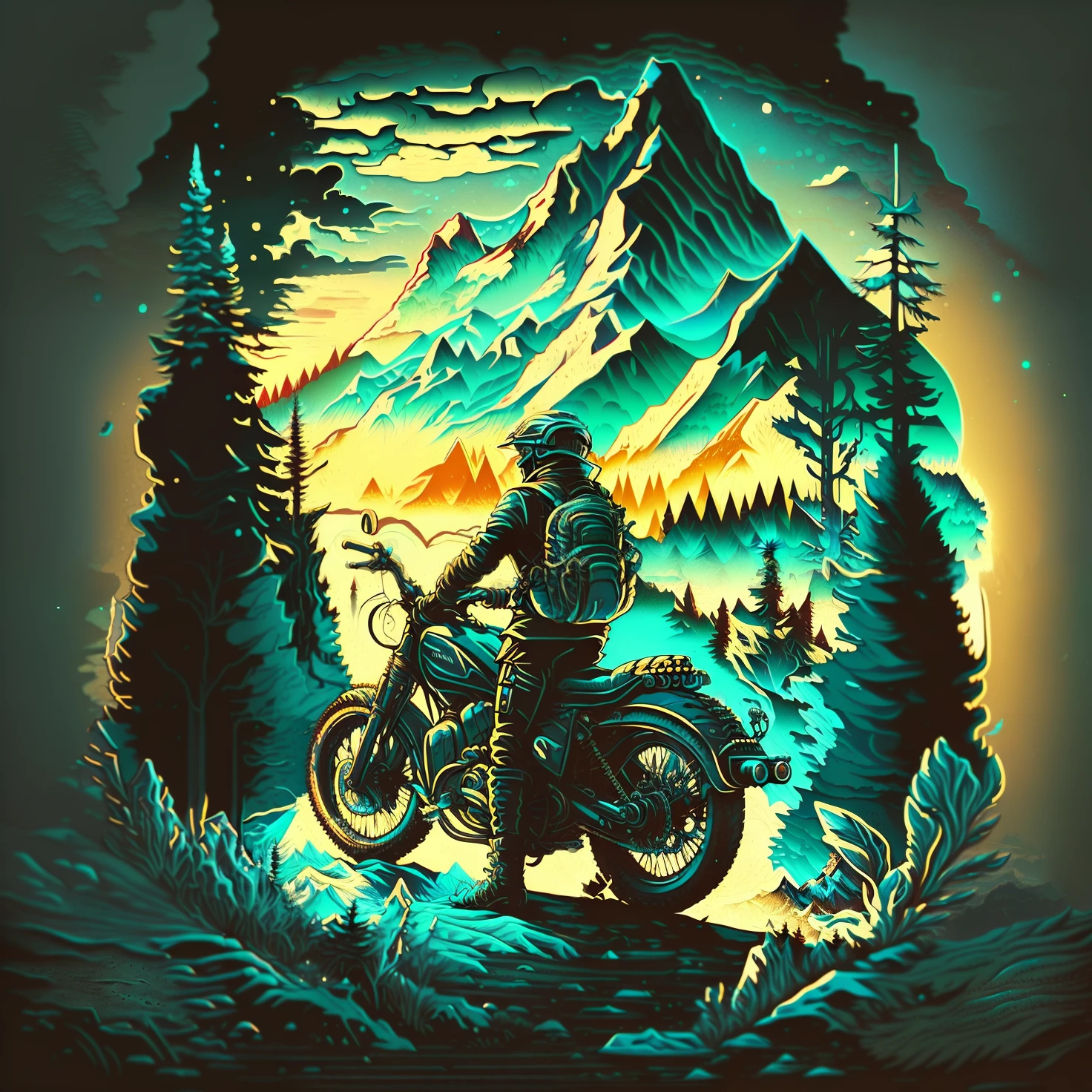 araffe rider on mountain bike in the mountains with a backpack, illustration style, detailed digital artwork, traveling through the mountains, extremely high quality artwork, detailed vectorart, 🚿🗝📝, detailed artwork, vector behance hd jesper ejsing, retro art style, print!, detailed digital illustration, beautiful retro art, highly detailed vector art, biker