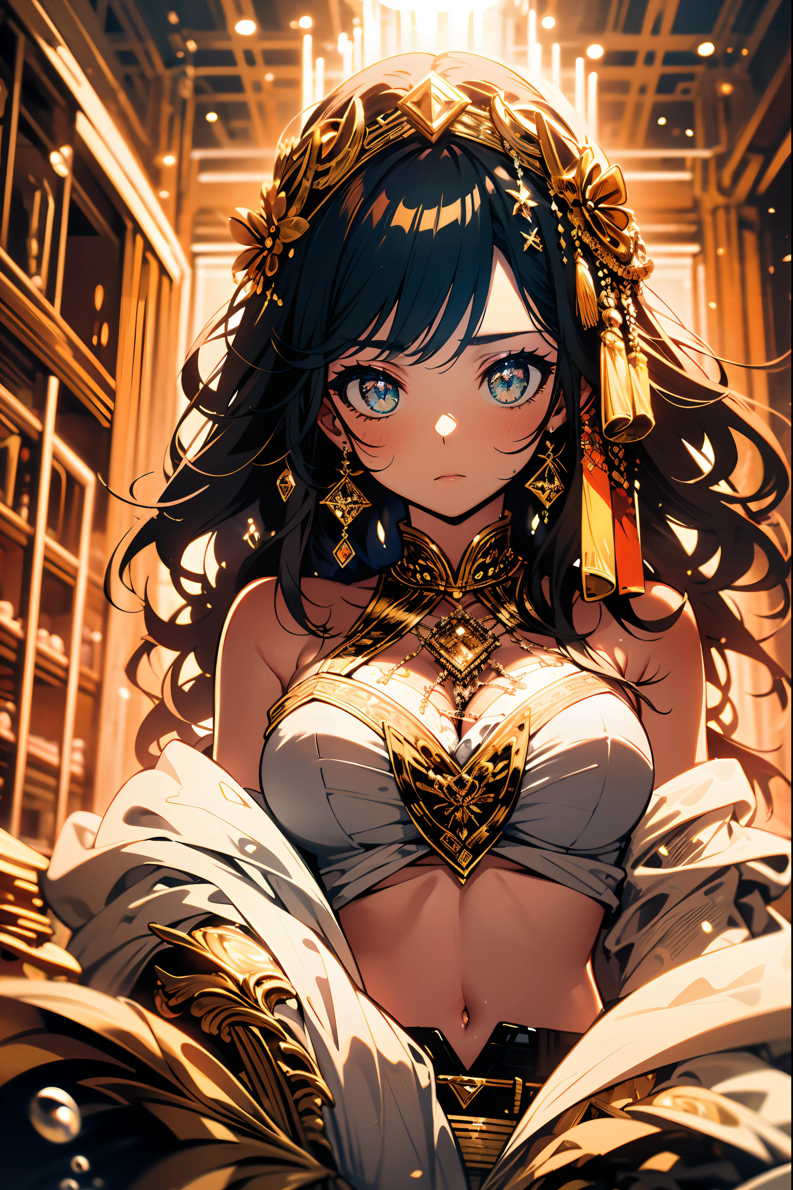 Masterpiece, high quality, 4K, beautiful design, shiny, from the front, award winning photo, extremely detailed, amazing, fine detail, absurdres, highly detailed woman, extremely detailed eyes and face,  solo, 1girl, babe, glossy, big boobs, wifs, sparkling fabric, incrusted with jewels, visible midriff , woman wearing a wifs, posing inside a castle with an oriental architecture, golden embroidery,