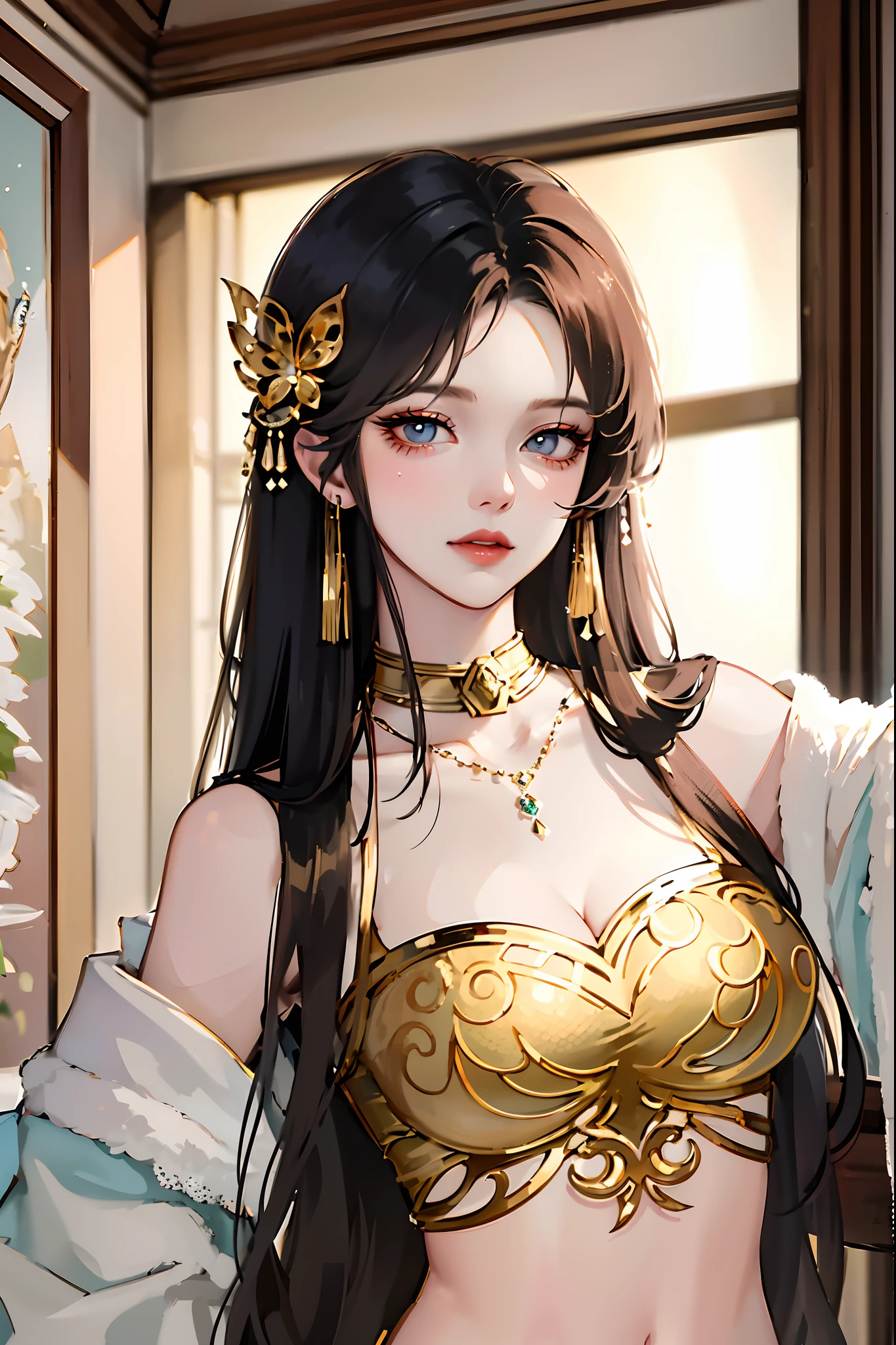 Masterpiece, high quality, 4K, beautiful design, shiny, from the front, award winning photo, extremely detailed, amazing, fine detail, absurdres, highly detailed woman, extremely detailed eyes and face, solo, 1girl, babe, glossy, big boobs, wifs, sparkling fabric, incrusted with jewels, visible midriff , woman wearing a wifs, posing inside a castle with an oriental architecture, golden embroidery,