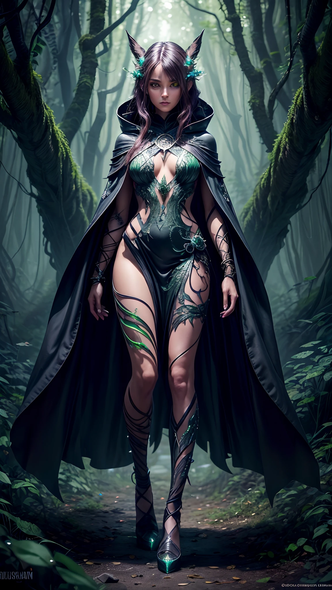 A sleek and mysterious goblin,full body, her body a fusion of nature and technology, stands amidst a digital landscape. The image is a digital painting, with vibrant colors and intricate details. Her skin is a shimmering blend of bark and circuitry, her hair a cascade of glowing vines. Her eyes, a piercing green, seem to hold secrets of the digital world. She wears a cloak of pixelated leaves, a symbol of her connection to both the natural and virtual realms. This stunning image captures the essence of a modern-day dryad, a being of both beauty and power.