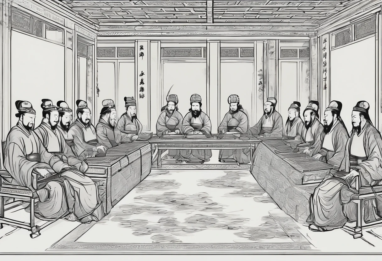 Northern song dynasty,Jinguo,negotiation,The envoys of the Song and Kim countries sat in the center of the hall,On the table are various documents and maps,The flags of the two countries are hung on both sides of the hall,An atmosphere of tension and anticipation,painting of a,This scene is expressed in the way of Chinese painting,Emphasize the flow of lines and the shade of ink,
