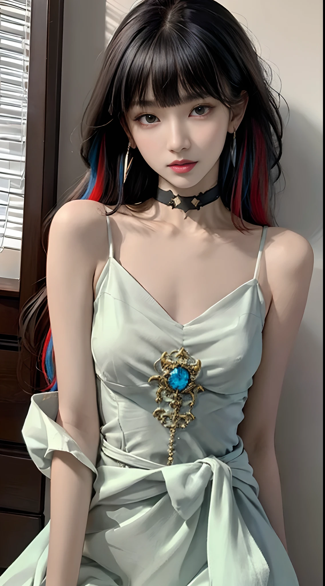 (masterpiece, best quality, 1girl, solo, intricate details, chromatic aberration), (realistic),(skin), ((breath)),(black hair,blunt bangs),detailed hair, red head ornament, blue highlights, hair over one eye,black eyes, small earrings, sharp eyes, choker,((dress)),(symmetry eyes),(perfect symmetrical body), night,(((natural light))),backlighting,against grey wall, dim lighting ,look at viewer,((centered shot, from front,(face and waist))),