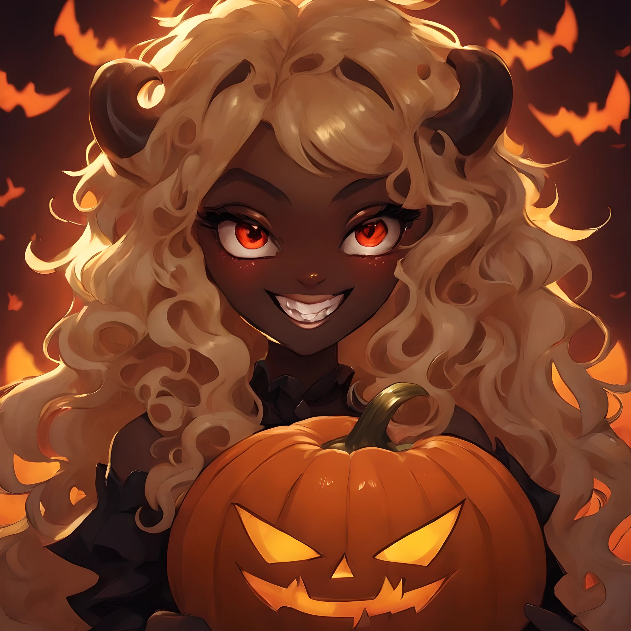 Devil, black devil, cute devil, anime illustration, ultra detailed, hyper sharp image, fangs. blonde wavy curly long hair, wearing rubber costume, halloween festival, jack o'lantern, ghost, happy smile, cute smile, red eyes, dark skin, eating pumpkin,