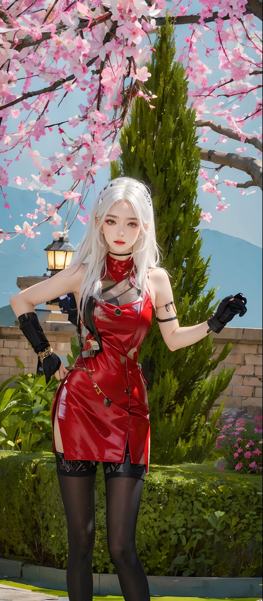 photorealistic, high resolution, 1women, solo, hips up, look at viewer, (detailed face), white hair, swat vest, gun, jewelry
