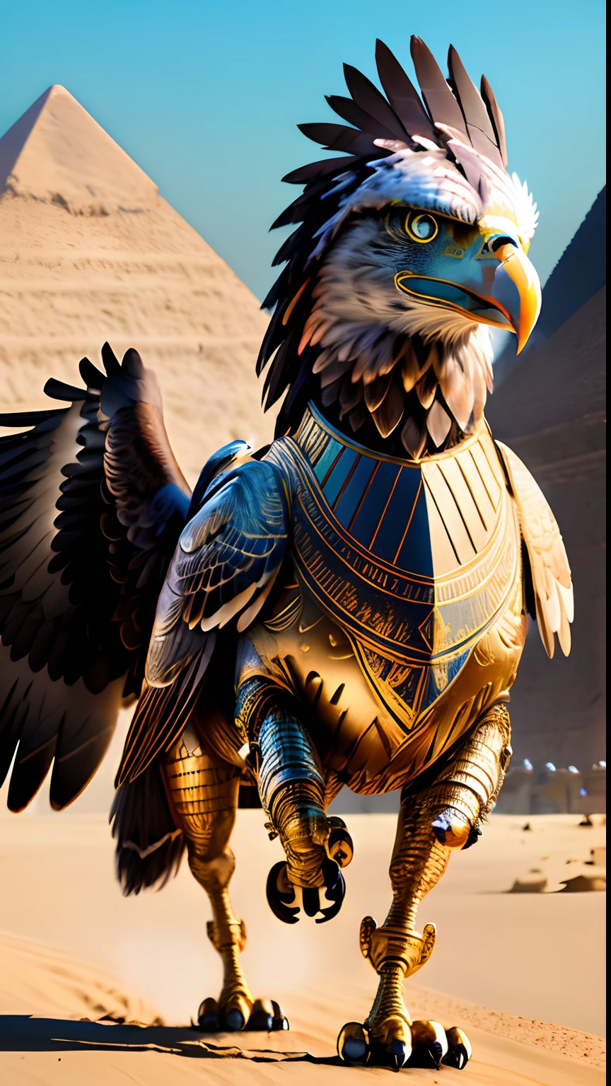 Animalrizz (( eagle )) 10, masterpiece, highres, Absurd,photorealistic portrait, Parley_armature,Egypt,Pyramids, Cute Robot Sphinx,In armor ,Wear Parley_armature, Massive futuristic armor, running, move,