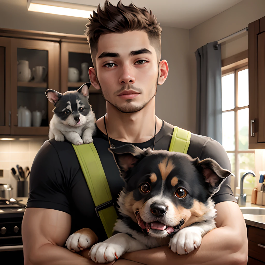 Young man with puppy on shoulder