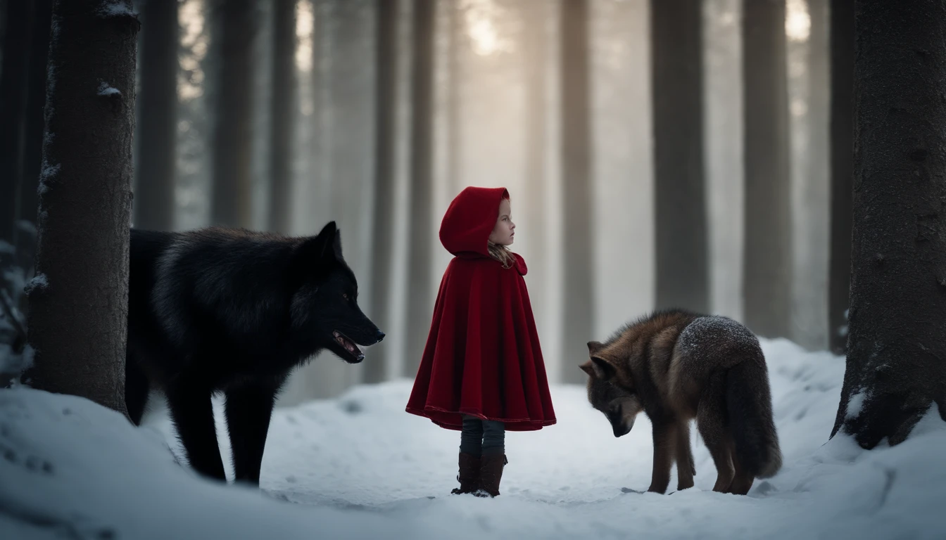 ue,Medieval woodland, line of tall trees, snowscape, Little Red Riding Hood Girl, werewolf cub