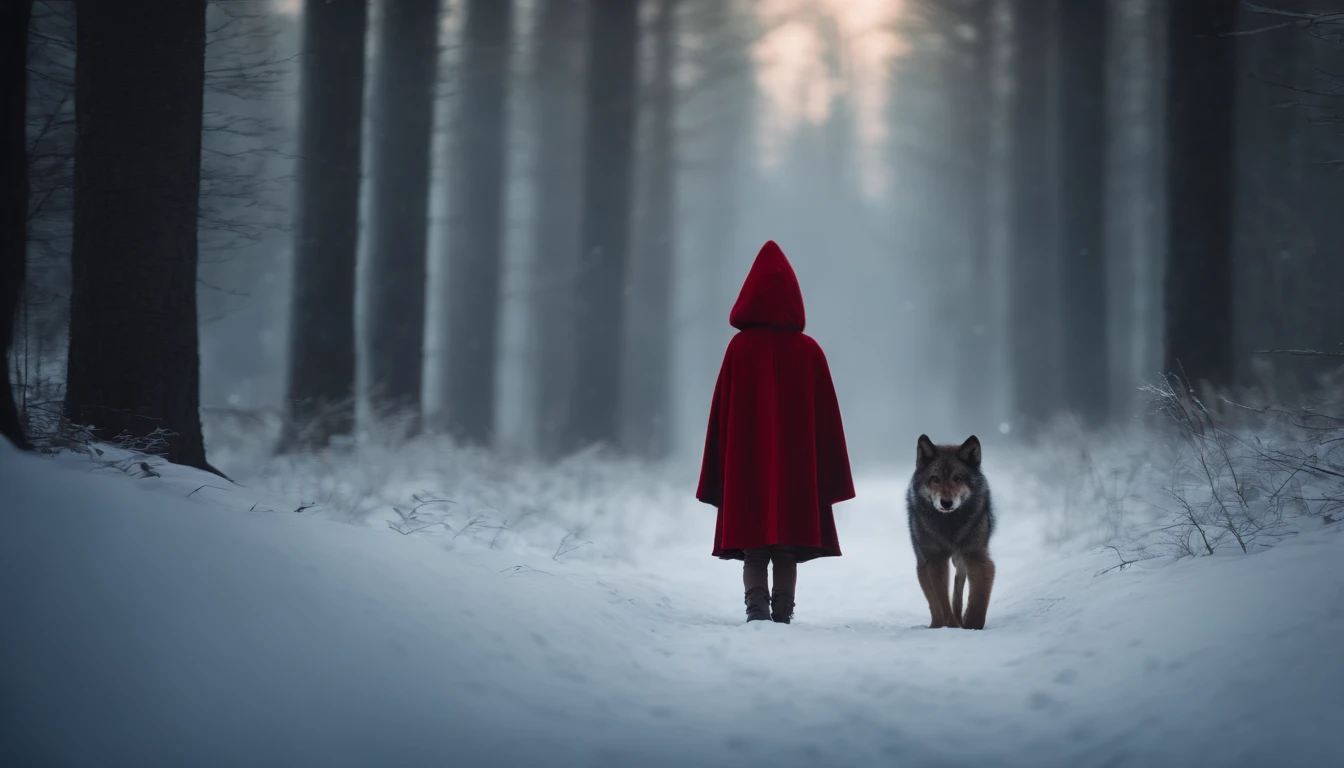 ue,Medieval woodland, line of tall trees, snowscape, Little Red Riding Hood Little Girl, werewolf cub