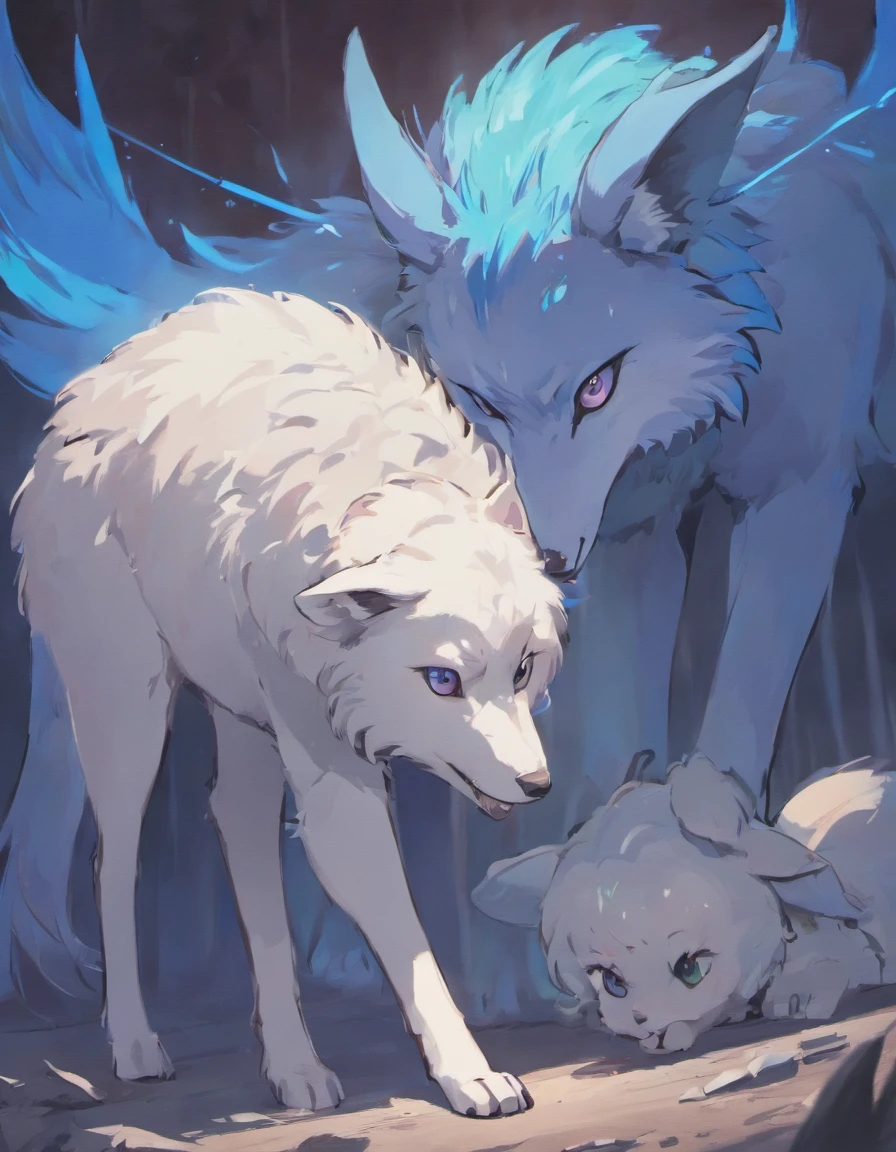 Harbingers of death Wolf and Lamb, colors include white and black, purple, blue, teal, light pink