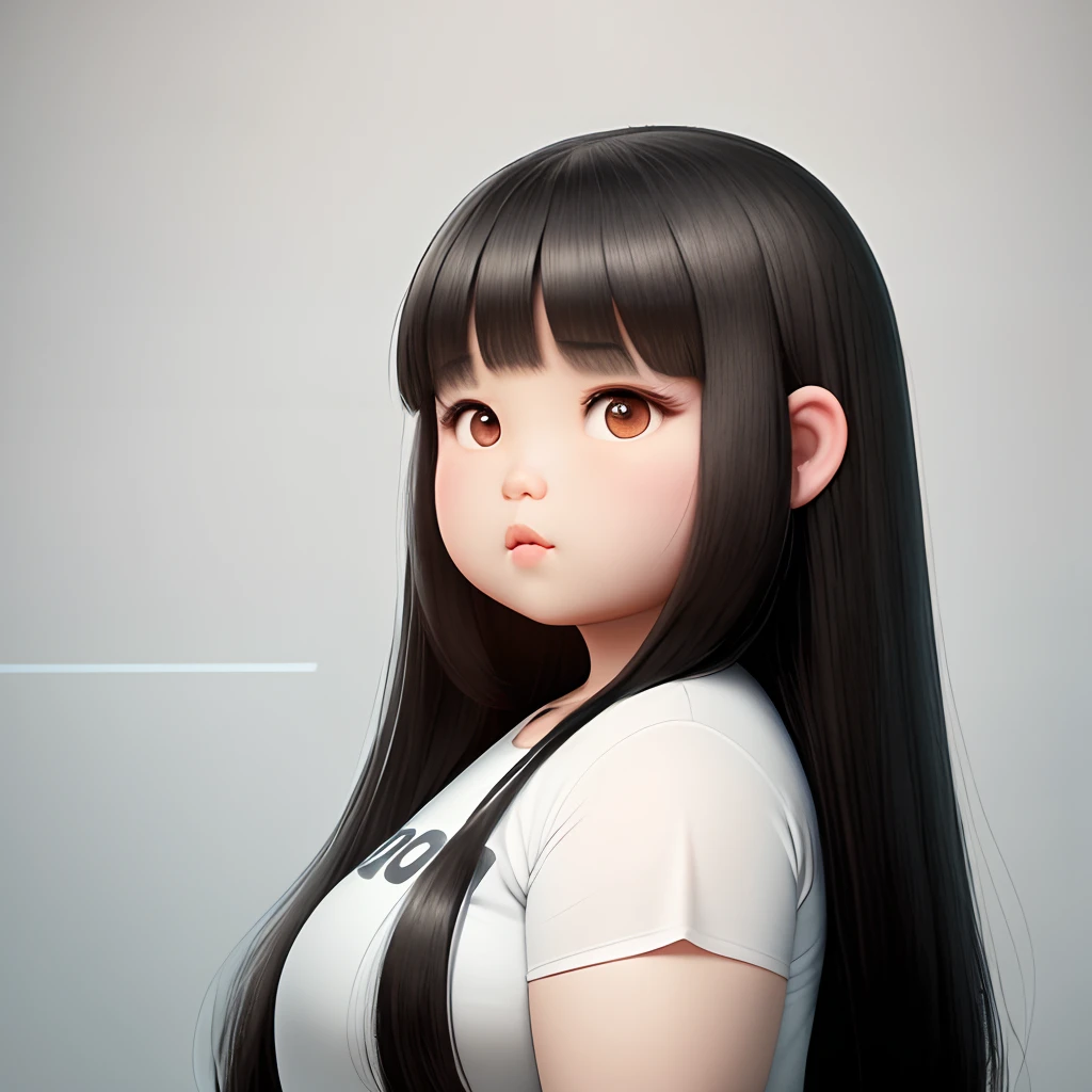 a chubby asian woman with long straight black hair and slight flowy bangs. She is overweight. White skin. She has weak jaw and small lower mouth. Her face is round shape. The lenght between her eyes are near. Diamond eyes shape and monolid and small. 3d pixar style cartoon.