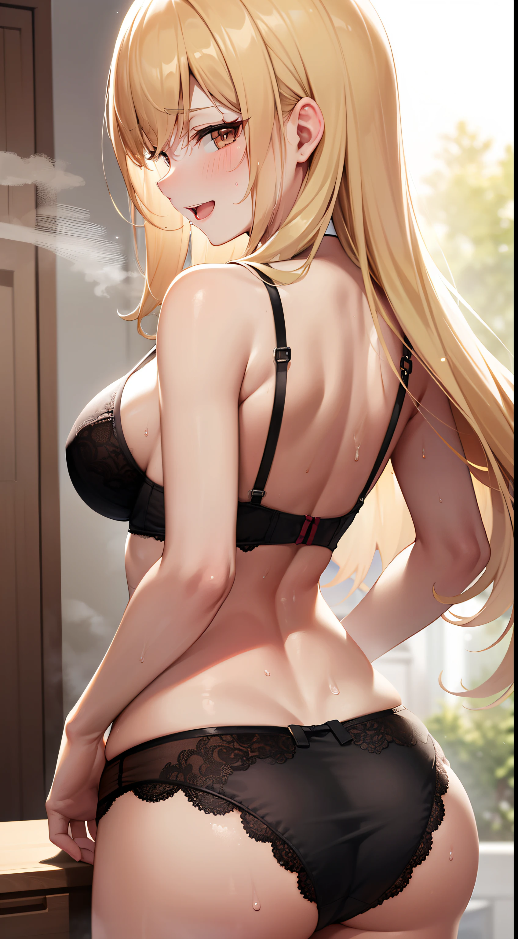Best Quality ,masutepiece,Solo,1girl in,a blond,Long hair,Brown eyes,Bra,Panties,Looking down,Evil smile,blush,Sweating,Small Lady Serenity,Big breasts,despise,steam,Ass,ass forcus,Sweat bullets,Back to the viewer,Open mouth,hands on butt