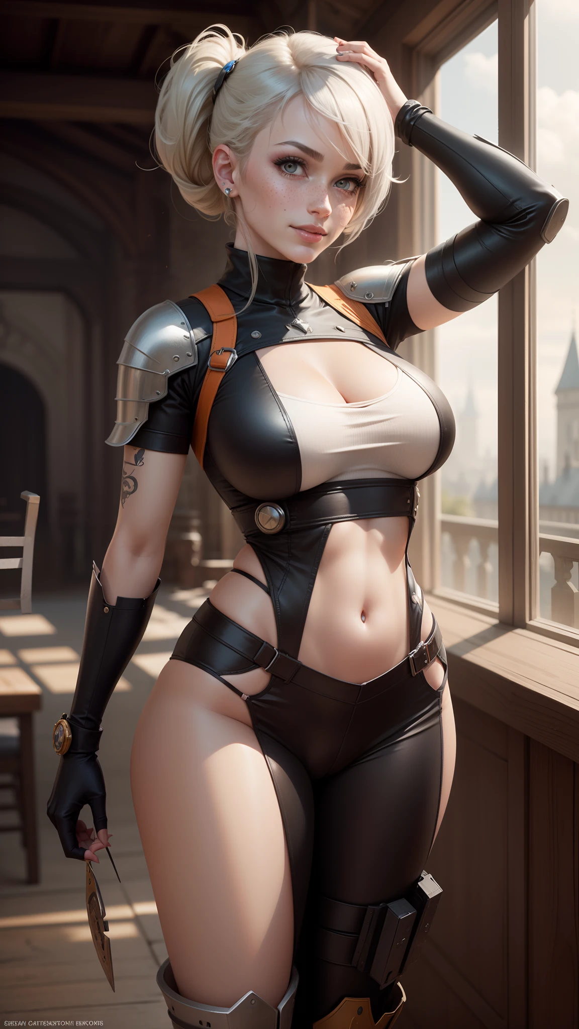 gwen tennyson,tracer,rebecca chambers, albedo,atelier ryza,nier automata,close up,mecha pilot,castle hall,tattoos,silver and orange plugsuit,white short sleeve lycra top,steel cargo pants,uncovered belly,short hair,cute makeup,yellow eyes,dimensional silver hair,shy smile, freckles,beautiful girl,large breasts,4k hd,ultra detailed,realistic,fantasy art, valkyrie uniform,viking armor,medieval castle,medieval garb,victorian garb,ear piercings,hair pin,