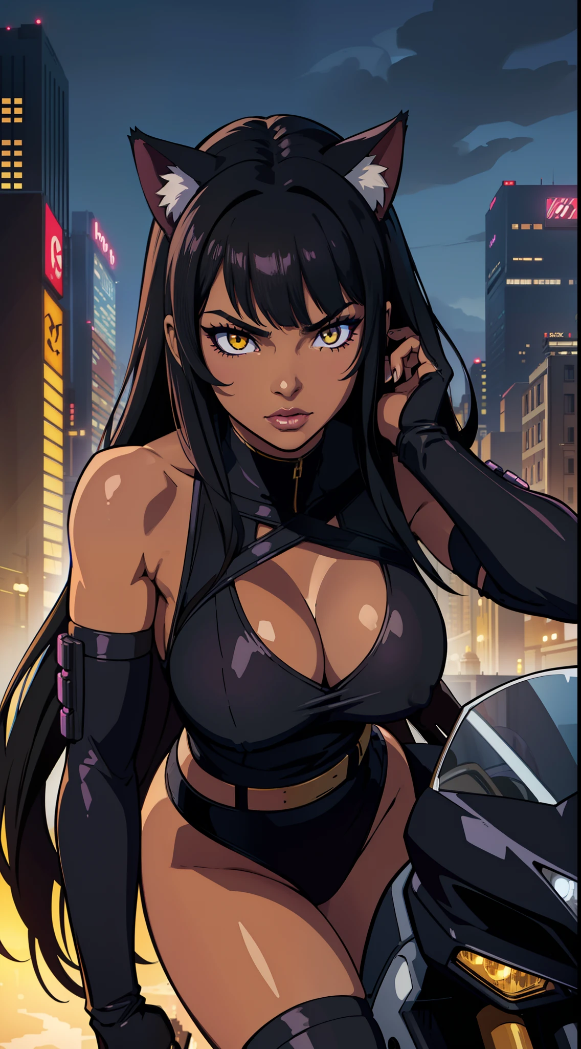 (masterpiece, best quality:1.3), highly detailed, intricate, professional art, digital art, 8K, blake belladonna, (african woman: 2.3), (dark skin: 2.8), riding her motorcycle, racing down the street, front view, cyberpunk motorcycle, huge breasts, (cyberpunk styled complex background, city:1.15), cowboy shot, animal eyes, cat ears, big ass, black hair, long hair, blunt bangs, lipstick, (purple makeup:1.1), black eyeshadow, smokey ice, detailed hair, ultra detailed face, yellow eyes, perfect eyes, beautiful eyes, golden eyes, amber eyes, detailed eyes, perfect face, (very dark skin: 1.8), african woman, (african woman: 2.1), very dark skin character, (very dark skin: 3.2) (tail:0), (japanese clothes:0.6), bicep-length gloves, fingerless gloves, (hip vent:0.9), (bridal gauntlets:1.1), shrug (clothing), black gloves, elbow gloves, (young female, 16 years old:1.1, black woman: 2.4), Large Breasts, cleavage, (fit body: 1.1) Black and white outfit. Her weapon Gambol Shroud in piston form.