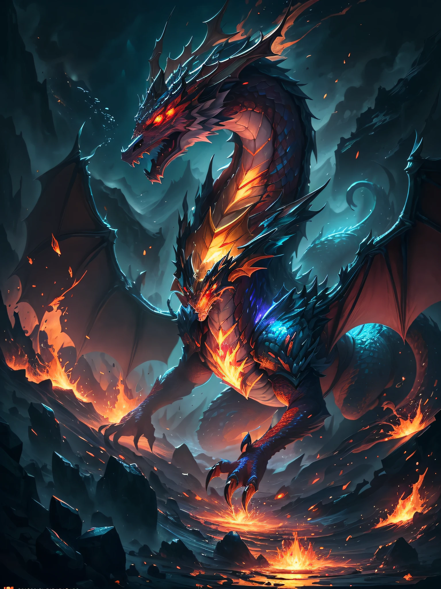 (1 dragon) full body red eyes shiny black dragon soul eater dragon, large white horns, large spikes, large black wings, blue fire energy behind, blue fire around, blue souls energy around, underworld background