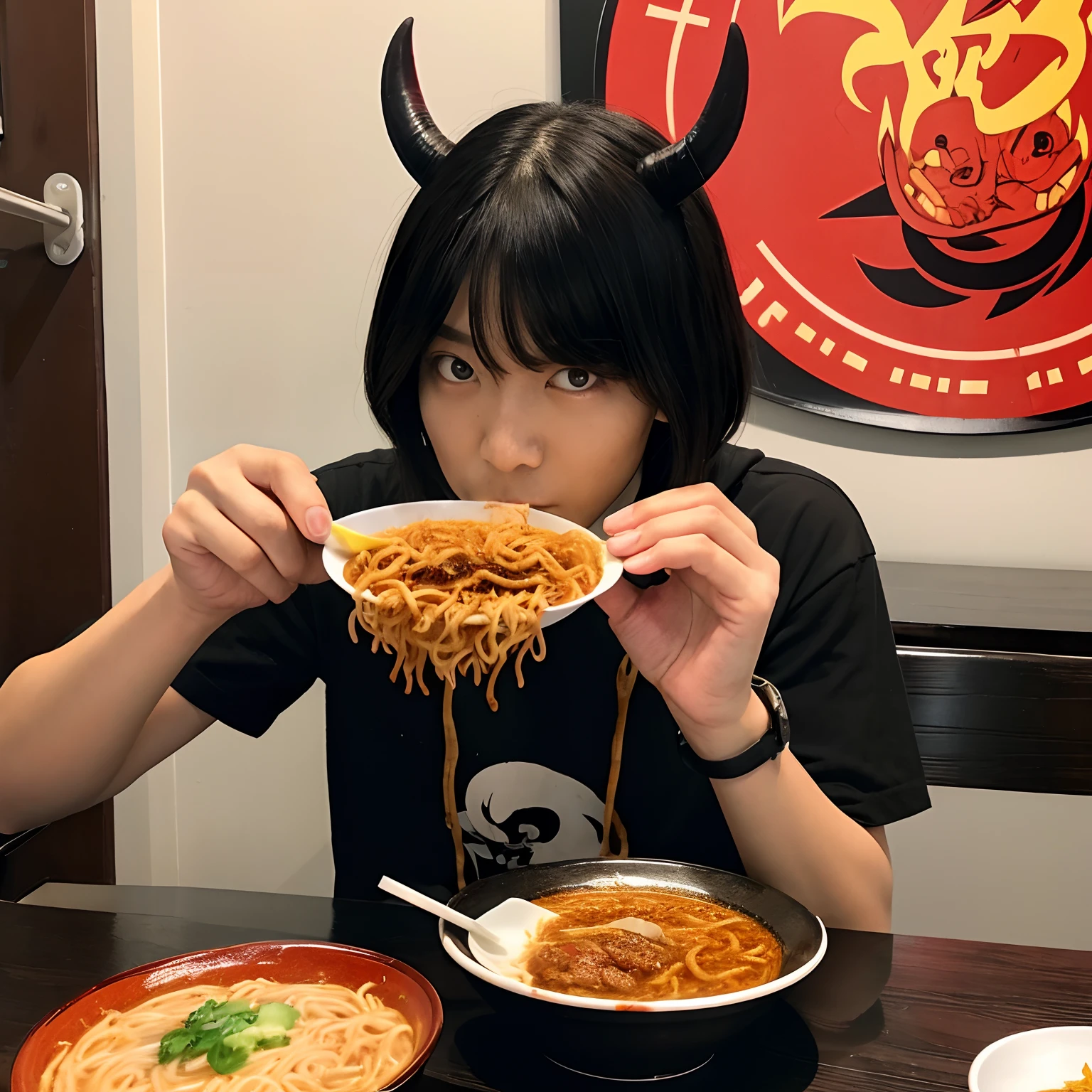 Devil Boy eating super spicy Devil ramen