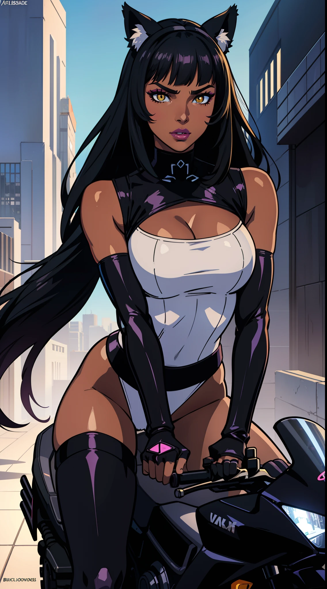 (masterpiece, best quality:1.3), highly detailed, intricate, professional art, digital art, 8K, blake belladonna, (african woman: 2.3), (dark skin: 2.8), ?????????? motorcycle, racing down the street, front view, cyberpunk motorcycle, ????????????, (cyberpunk styled complex background, city:1.15),  animal eyes, cat ears, big ???, black hair, long hair, blunt bangs, lipstick, (purple makeup:1.1), black eyeshadow, smokey ice, detailed hair, ultra detailed face, yellow eyes, perfect eyes, beautiful eyes, golden eyes, amber eyes, detailed eyes, perfect face, (very dark skin: 1.8), african woman, (african woman: 2.1), very dark skin character, (very dark skin: 3.2) (tail:0), (japanese clothes:0.6), bicep-length gloves, fingerless gloves, (hip vent:0.9), (bridal gauntlets:1.1), shrug (clothing), black gloves, elbow gloves, (young female, 16 years old:1.1, black woman: 2.4), ?????????????, cleavage, (fit body: 1.1) Black and white outfit. Her weapon Gambol Shroud in piston form.