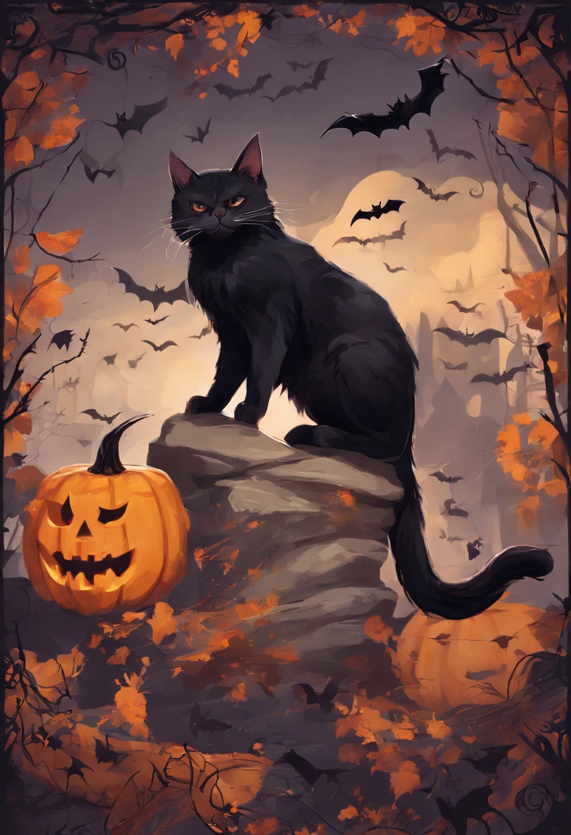 Halloween cat and bat
