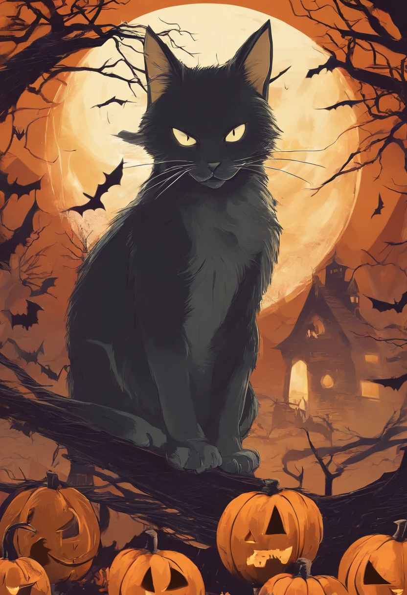 Halloween cat and bat
