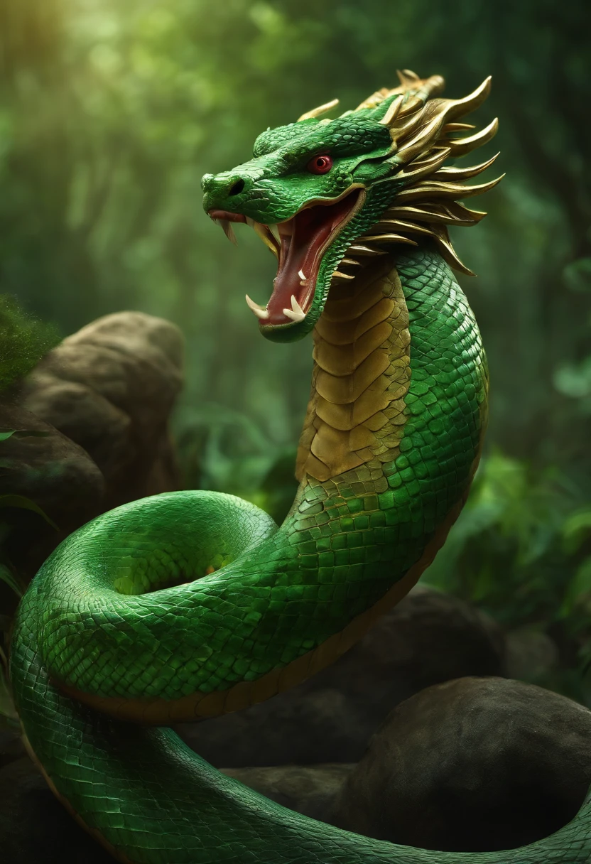 Images of mythical creatures ,Serpent, Thai Style, Looks great., Clear image, aggressive, Robdua has a gold medal., Green body, .3D