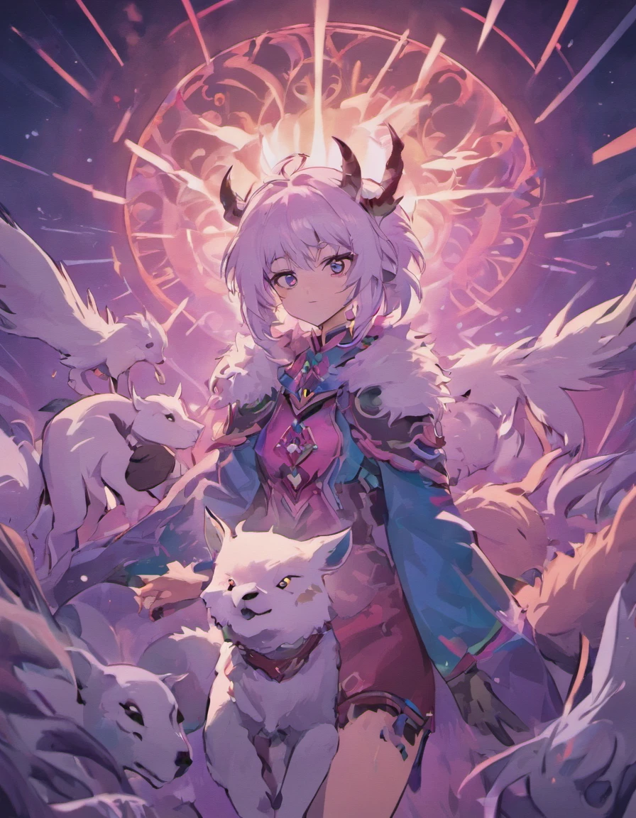 Harbingers of death Wolf and Lamb, both dawning masks, wolf’s mask is white, Lamb’s is black. Lamb is white with purple, blue, teal and light pink detailing. Wolf is black and has a smoky black aura with slight hints of purple.